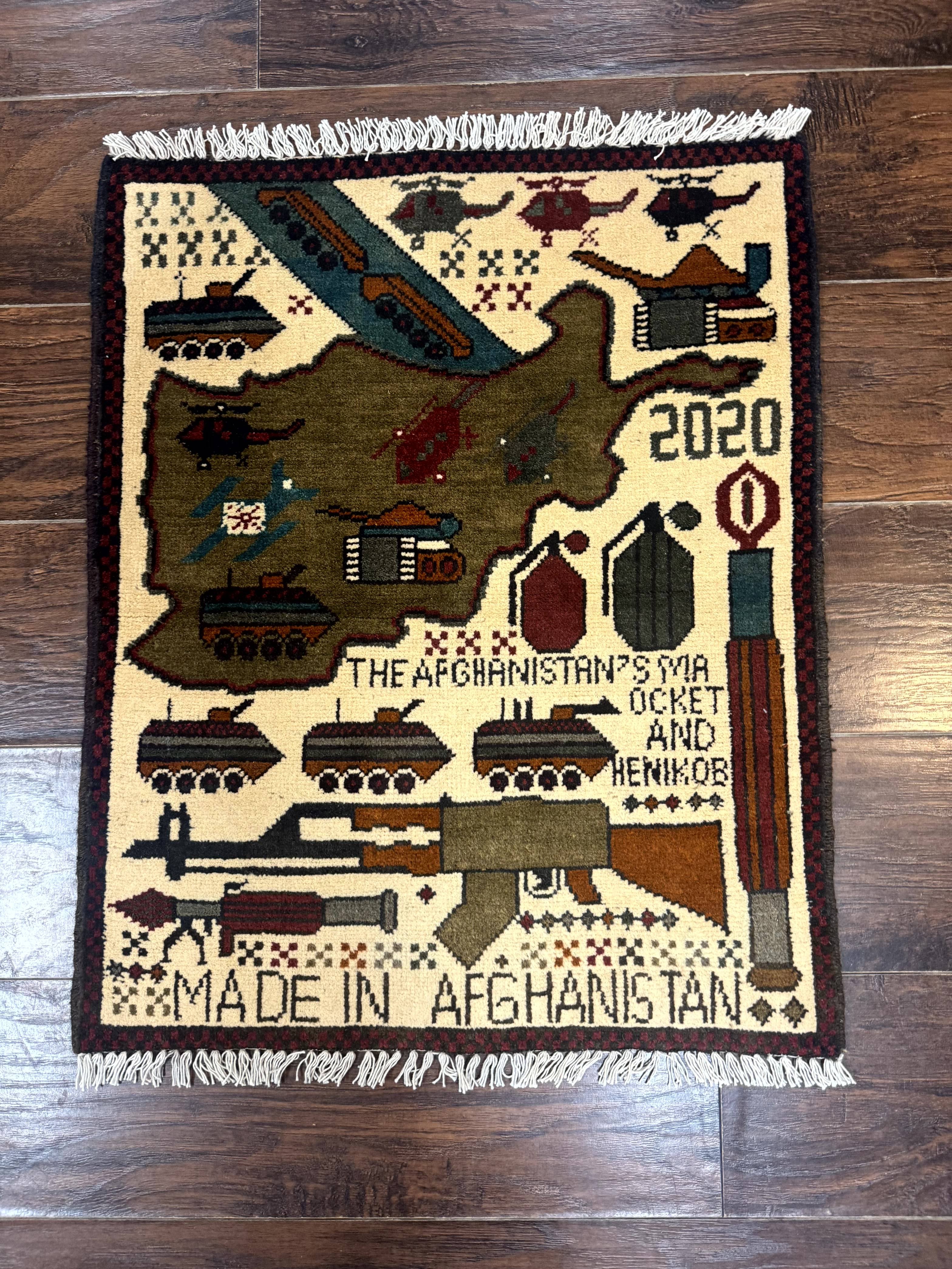 Afghan War Rug, Helicopters Tanks Guns, Handmade, Wool, 2x3 - Jewel Rugs