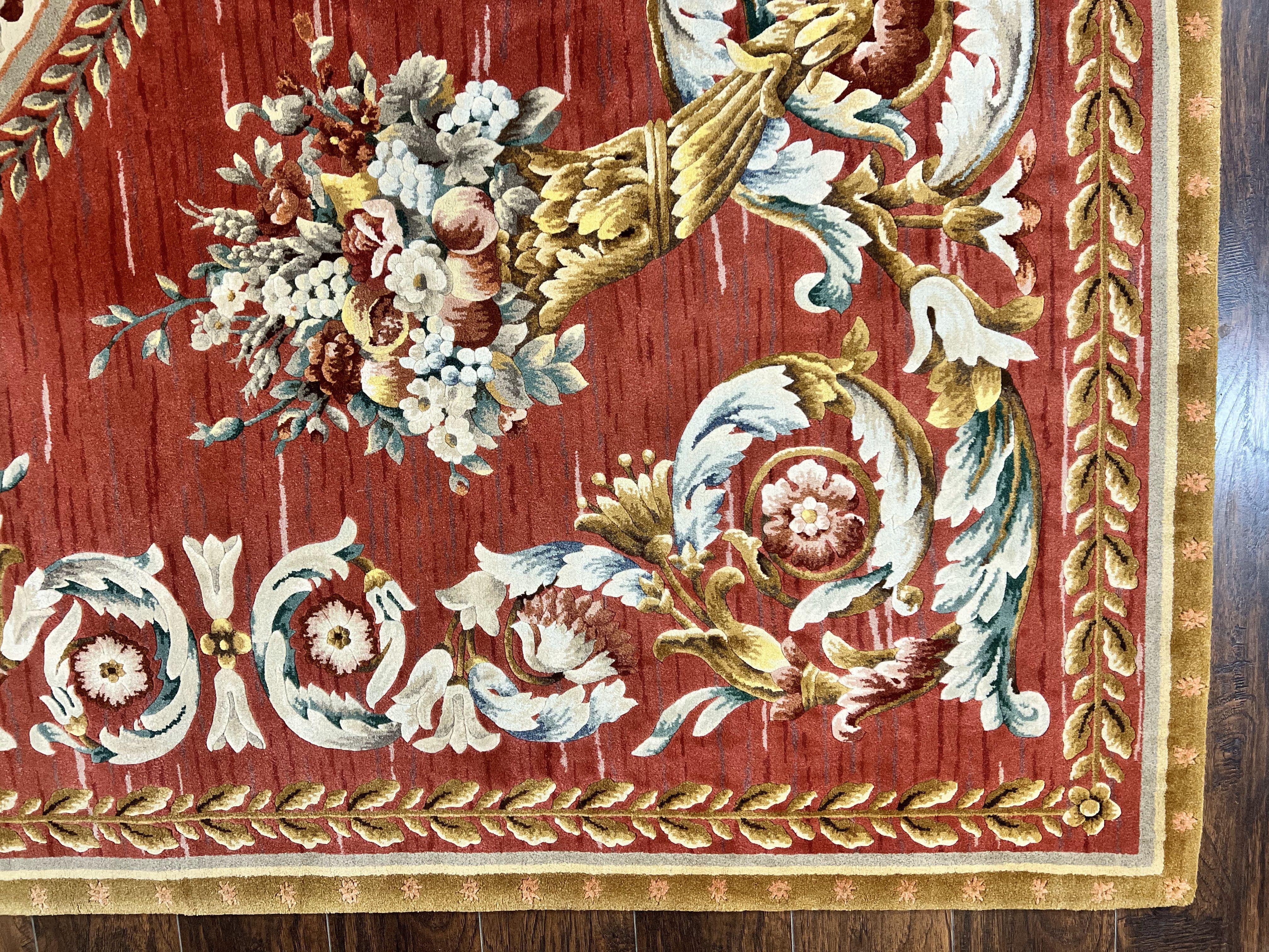 Aubusson Rug 10x12, Large Handmade Aubusson Wool Pile Vintage Stark Carpet 10 x 12, Savonnerie French European Design Floral Bouquets, Red - Jewel Rugs