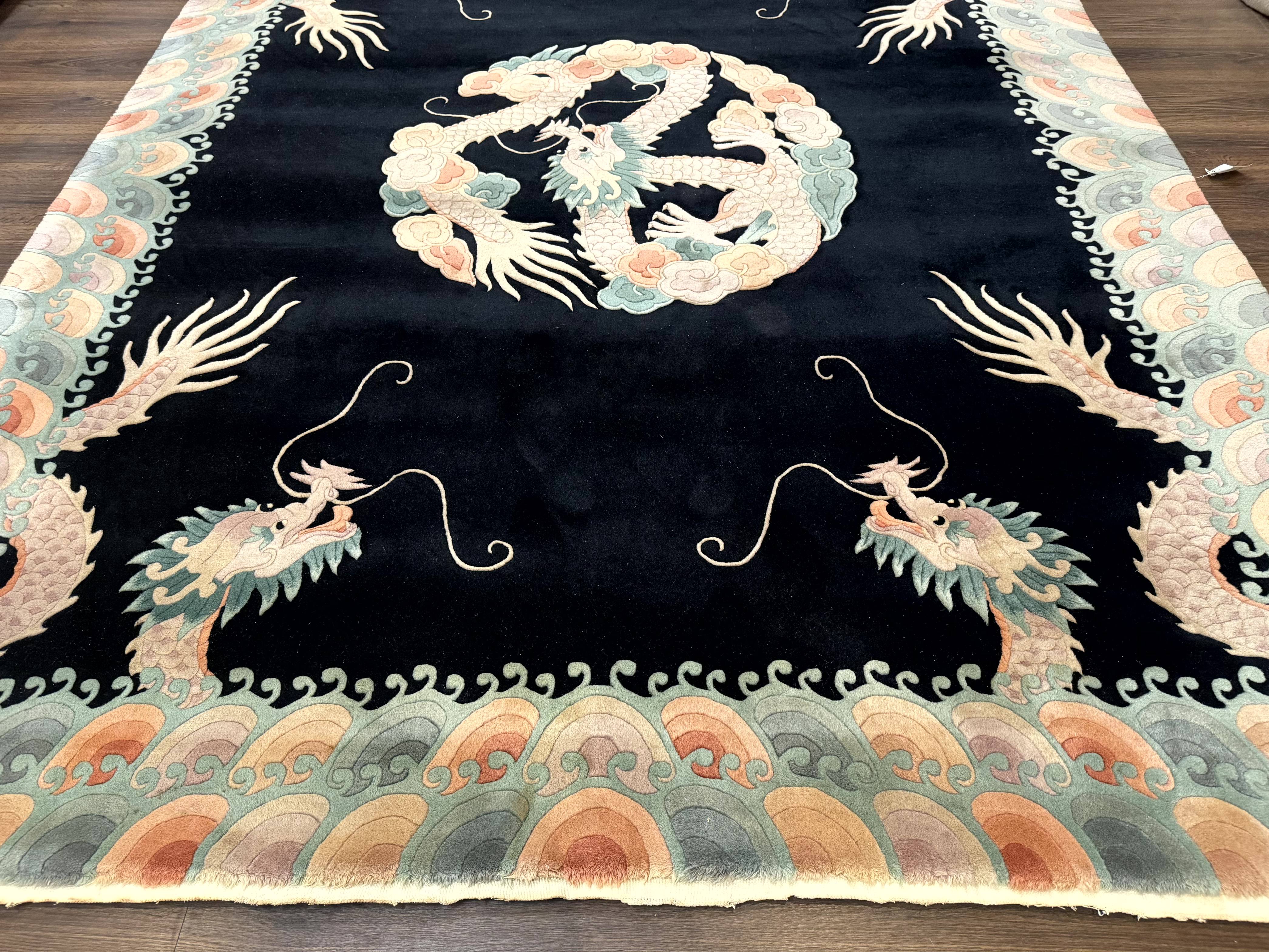 Black Chinese Wool Rug 8x10 with Dragons, Rainbow Borders, Rare - Jewel Rugs