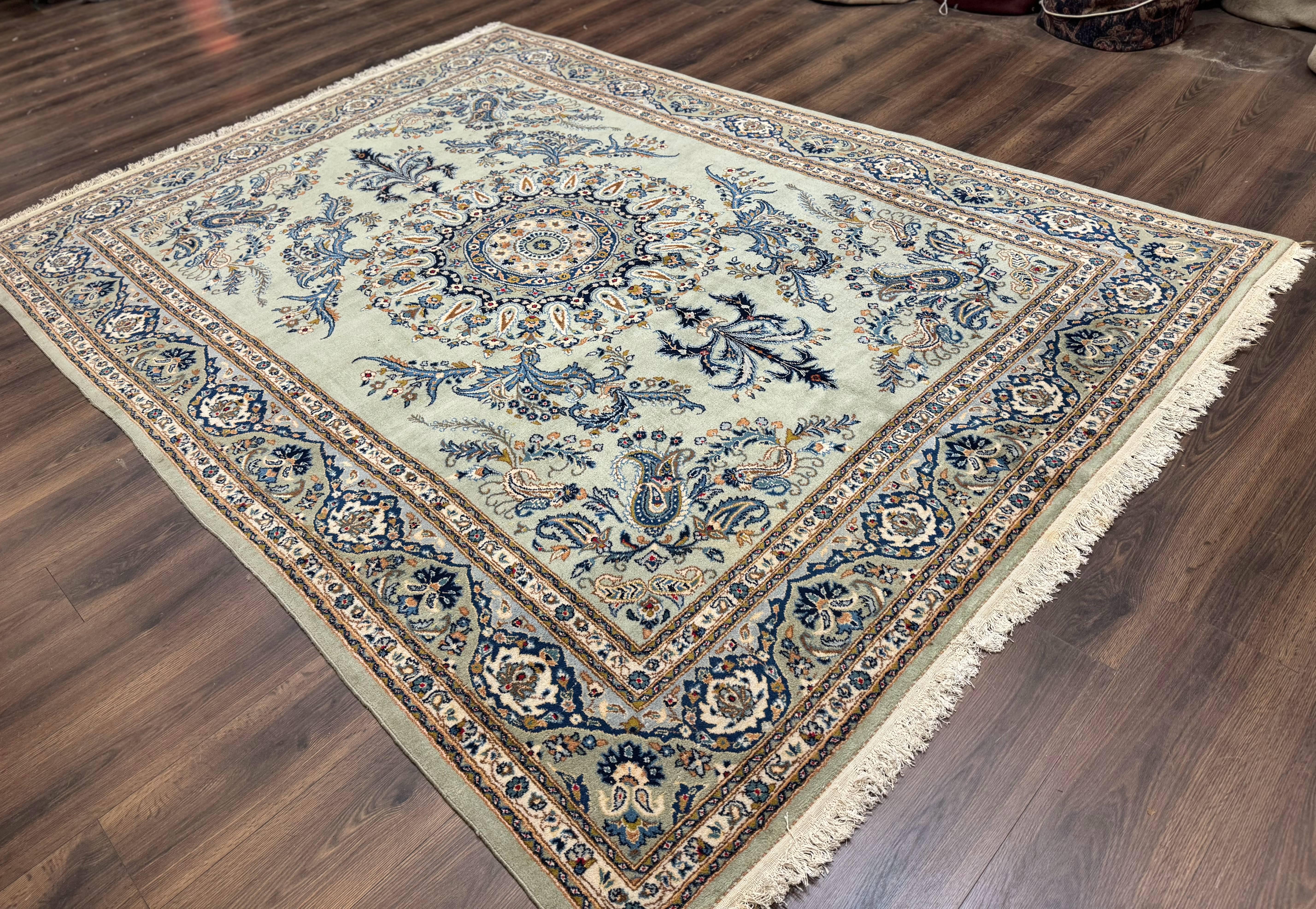 Light Green and Blue Persian Kashan Rug 7x10, Authentic Persian Carpet, Handmade, Wool - Jewel Rugs