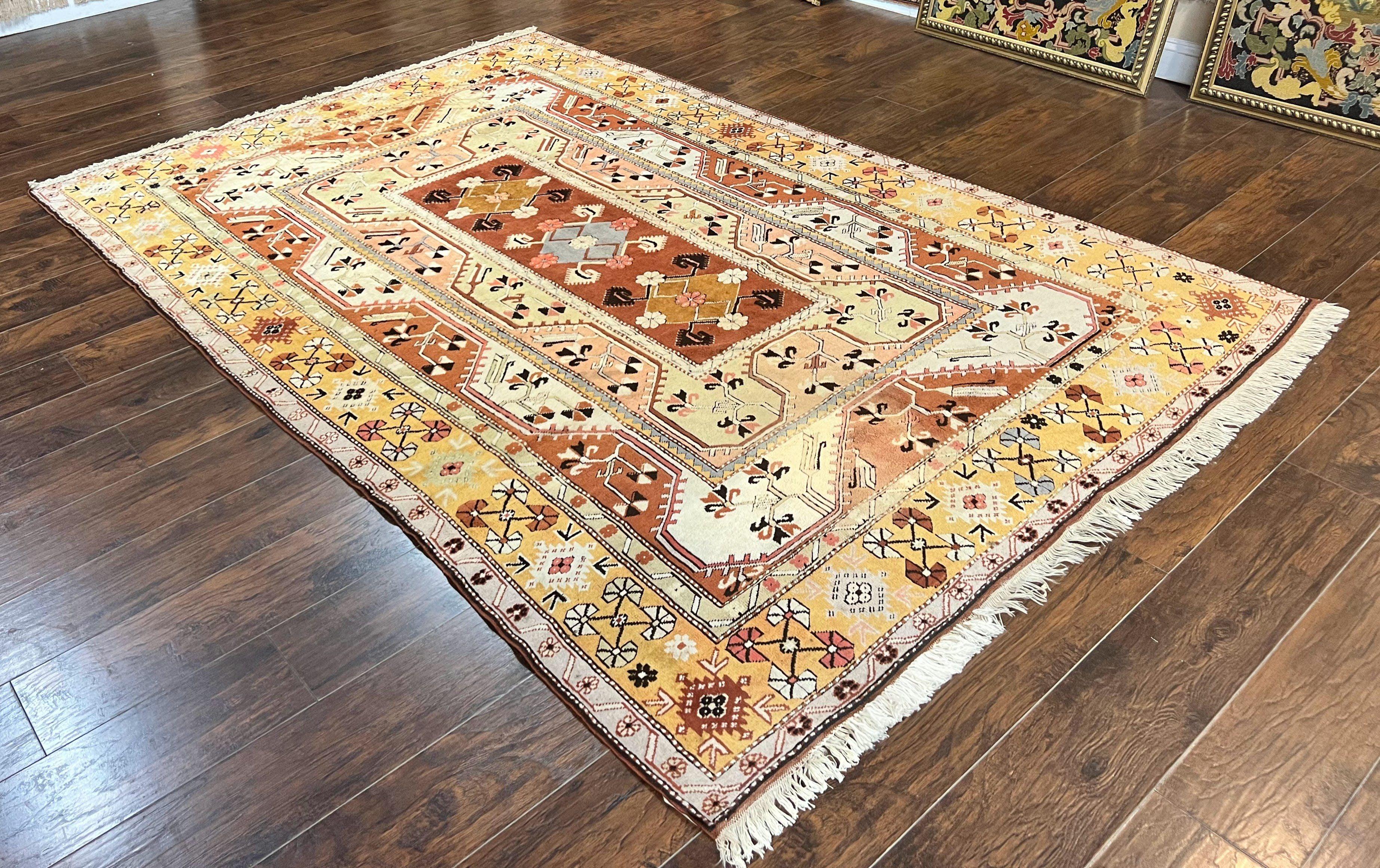 Turkish Rug 7x10, Wool Hand Knotted Vintage Carpet, Geometric Kazak Pattern - Jewel Rugs