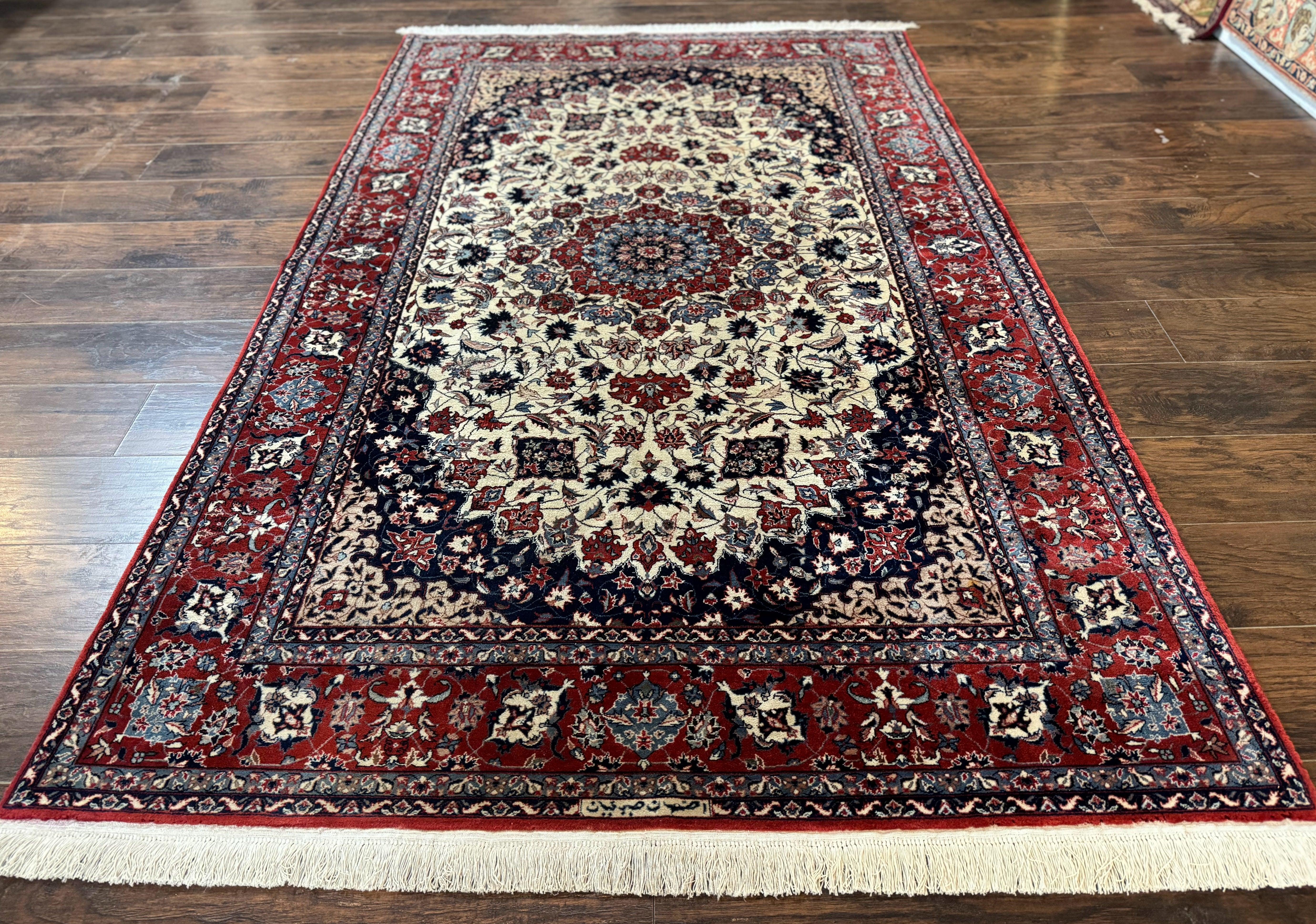 Sno Persian Rug 5x8, Signed by Master Weaver, Beige and Red, Very Fine 290 KPSI - Jewel Rugs