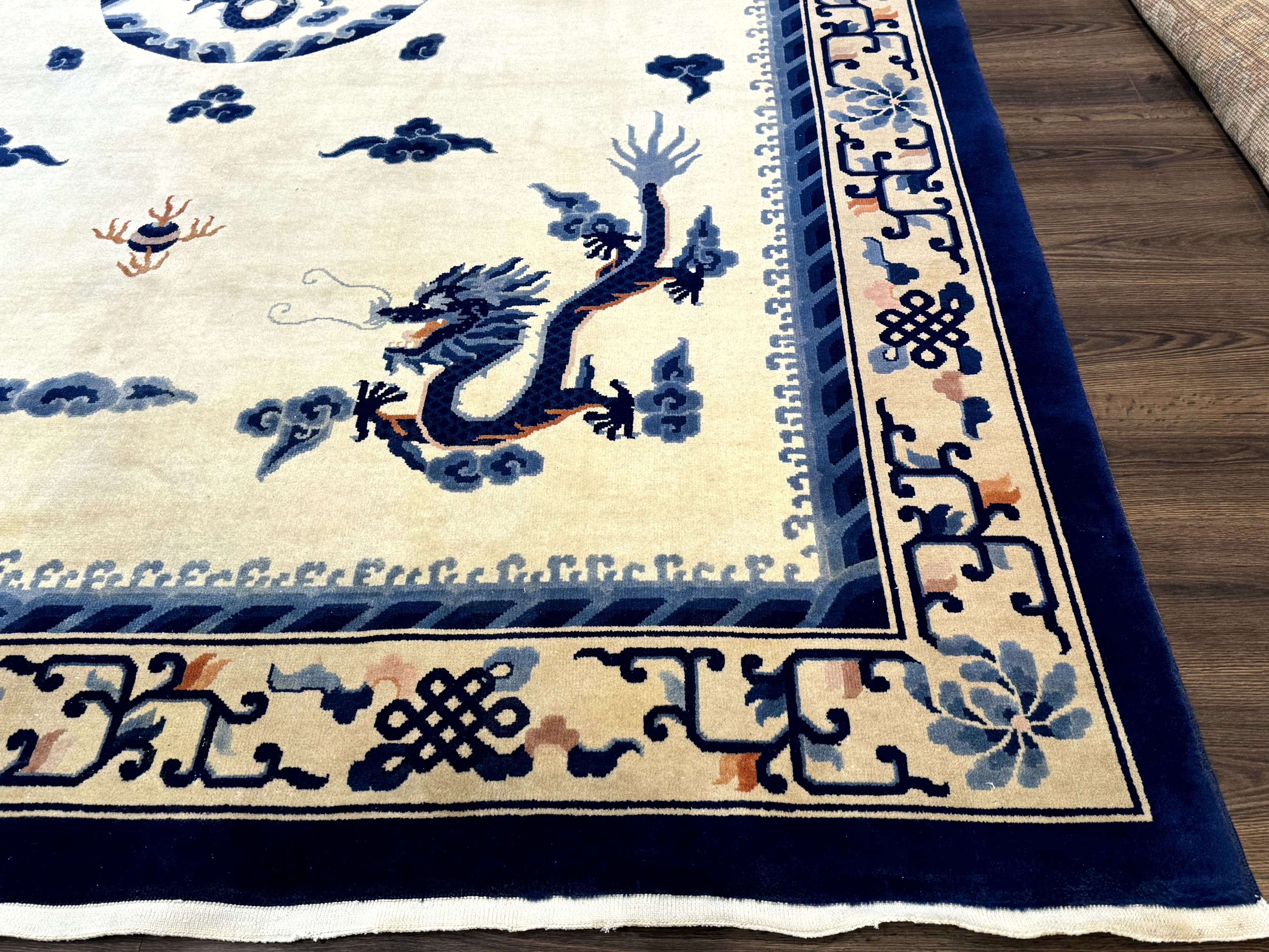 Chinese Dragon Peking Rug 8 x 11.6, Ivory and Blue, Chinese Wool Rug, Vintage - Jewel Rugs