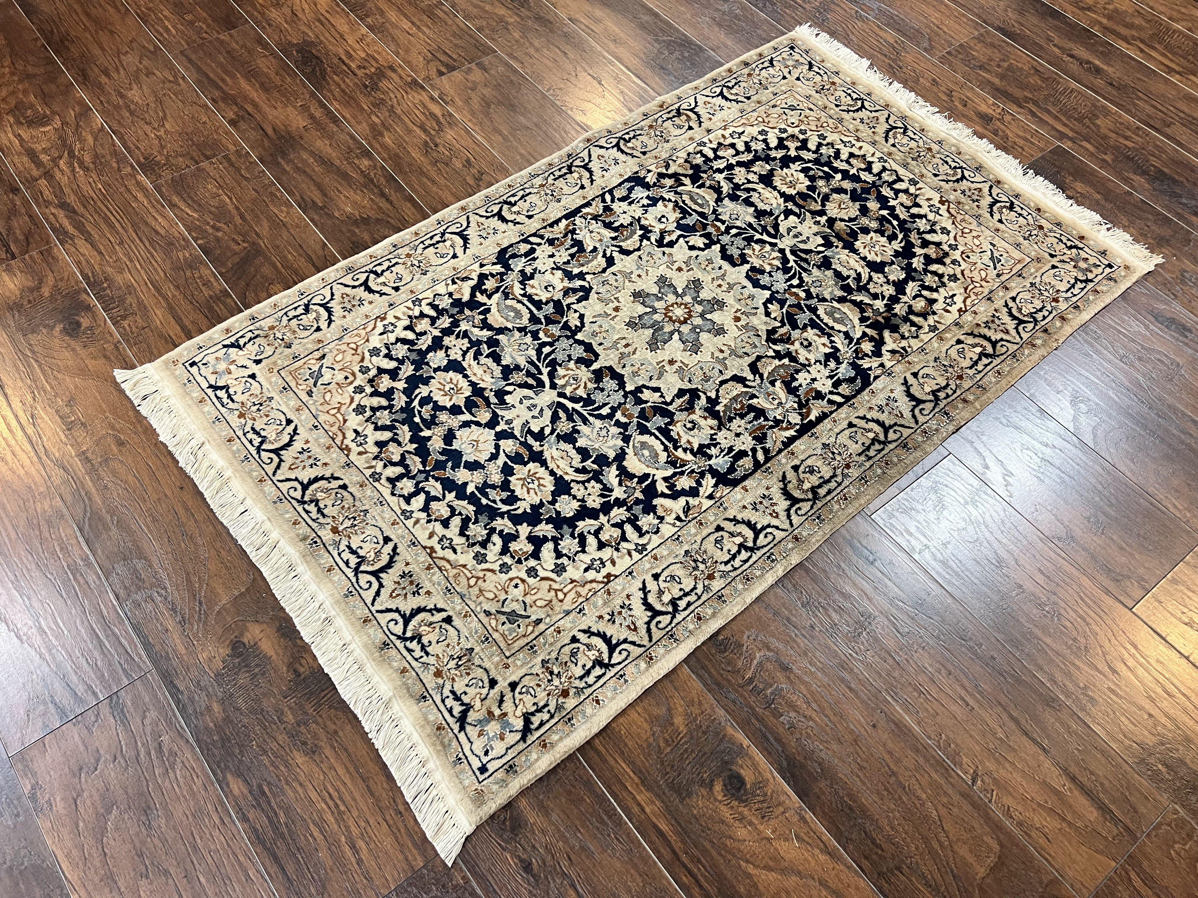 Persian Nain Rug 3x5, Floral Medallion Oriental Carpet, Very Fine Hand Knotted Handmade Wool and Silk Highlights Rug, Vintage Semi Antique - Jewel Rugs
