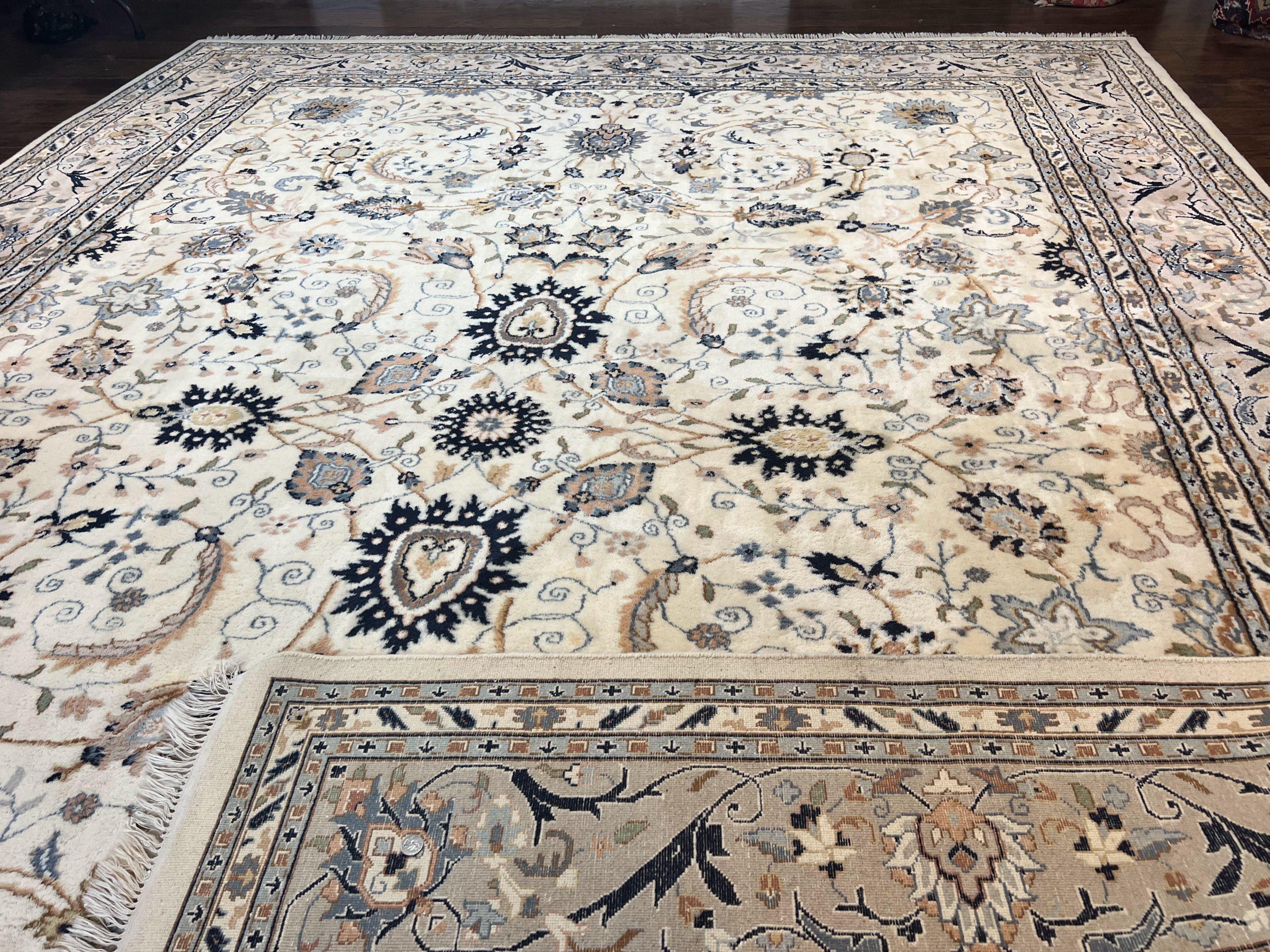 Indo Persian Rug 10x14, Floral Allover, Ivory and Light Gray, Handmade Vintage Wool Large Carpet - Jewel Rugs