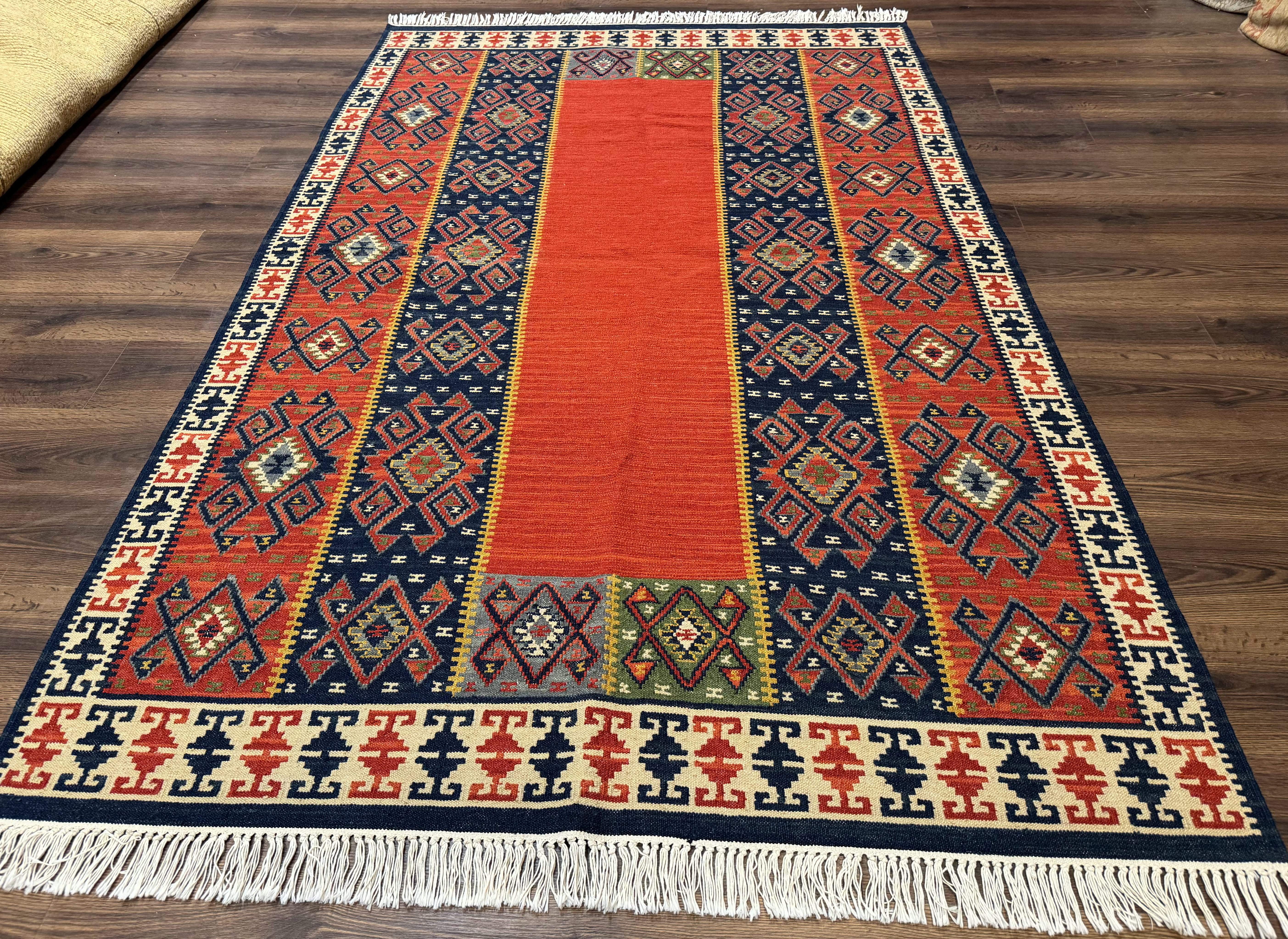 Turkish Kilim Rug 5x8, Flatweave Carpet, Handmade Bohemian Rug, Terracotta and Navy Blue - Jewel Rugs