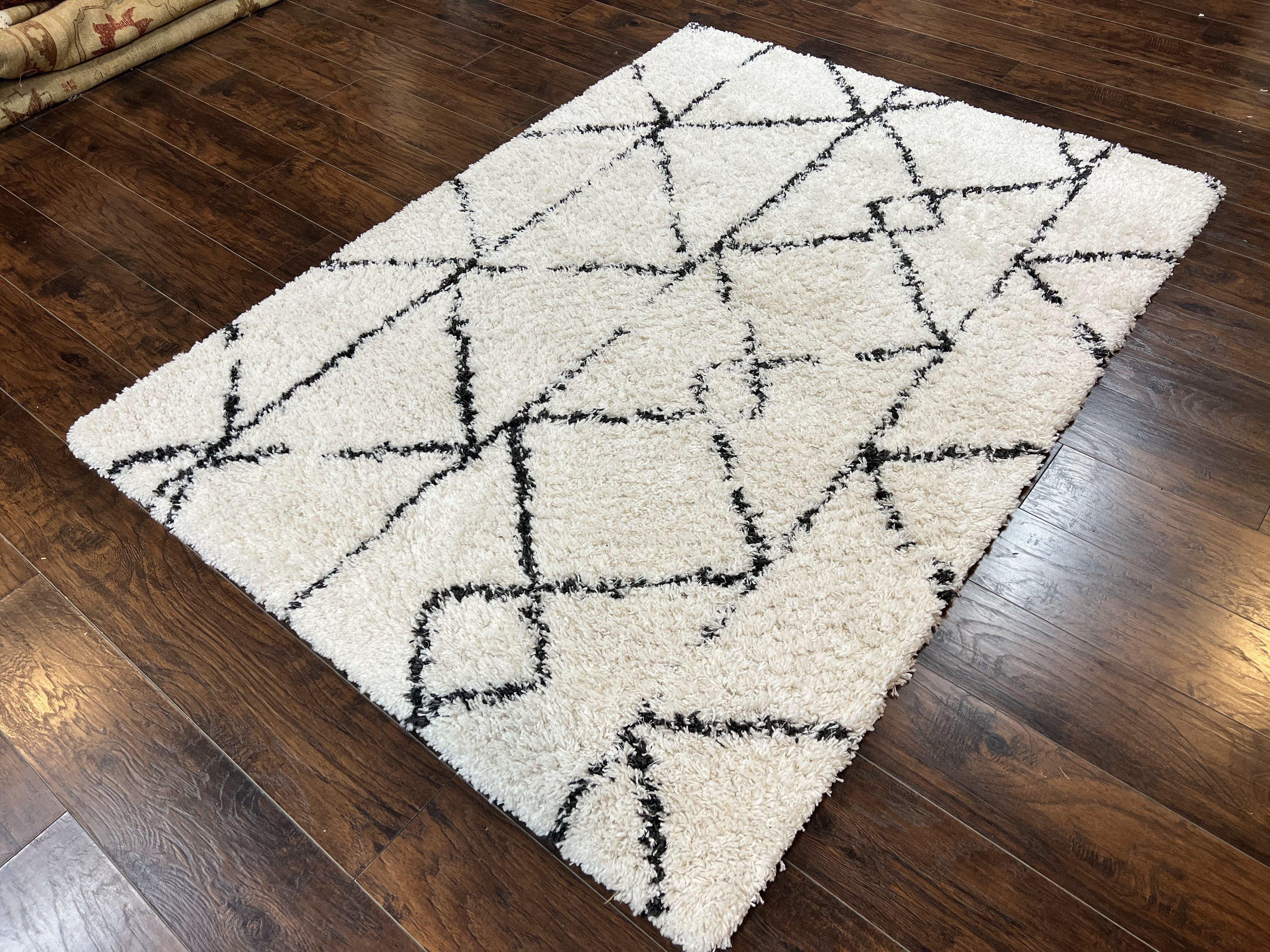 Modern Shag Rug 5x7, Ivory and Black Area Rug 5 x 7 ft - Jewel Rugs