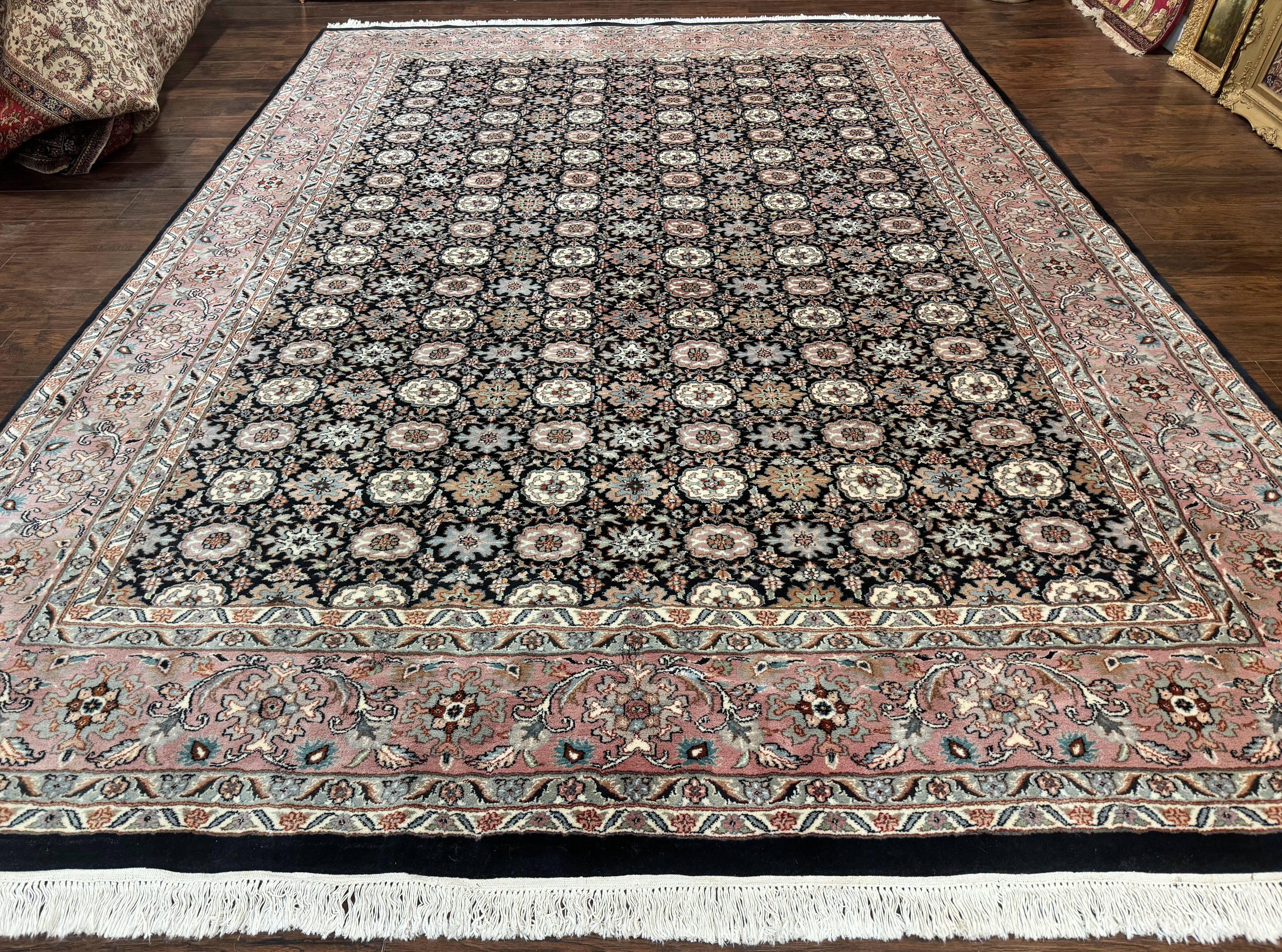 Indo Persian Rug 9x12, Vintage Handmade Wool Carpet, Repeated Allover Motif, Navy Blue and Pink - Jewel Rugs