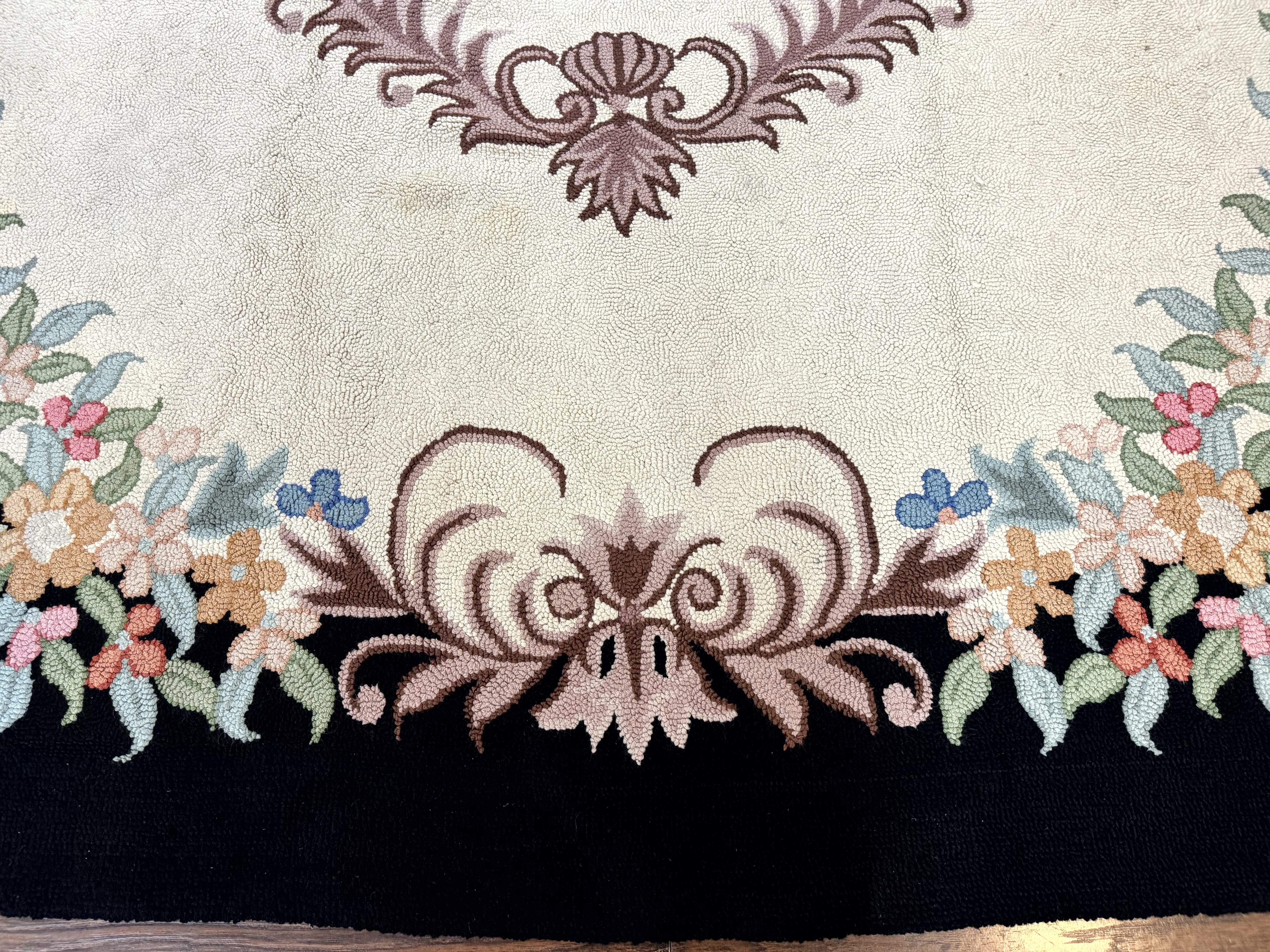 Large American Hooked Rug 8x11, Vintage Ivory Black Floral Carpet - Jewel Rugs
