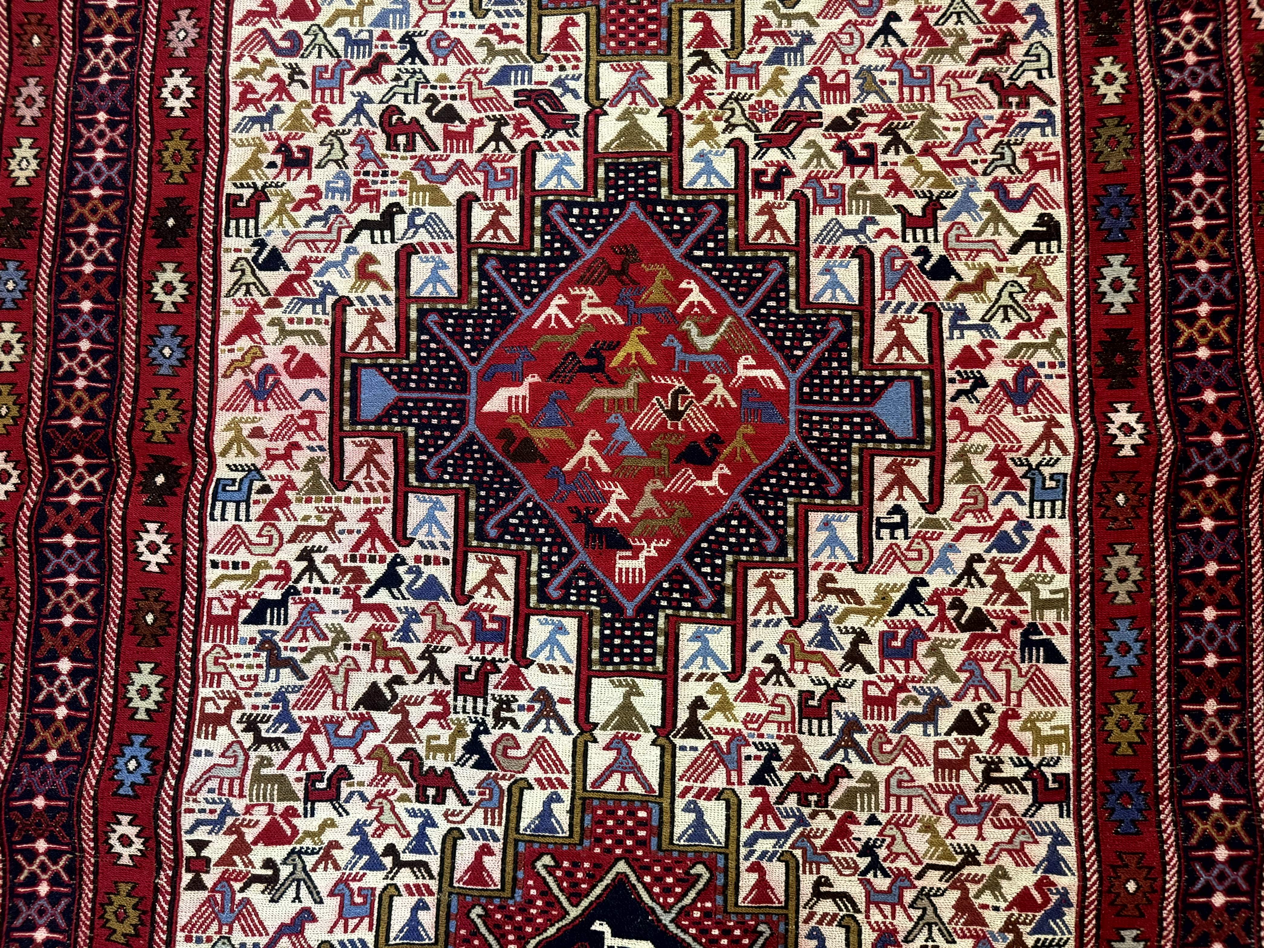 Persian Soumak Kilim Rug 4x6, Triple Medallions Tribal Pictorials, Caucasian Azerbaijani Kilim - Jewel Rugs