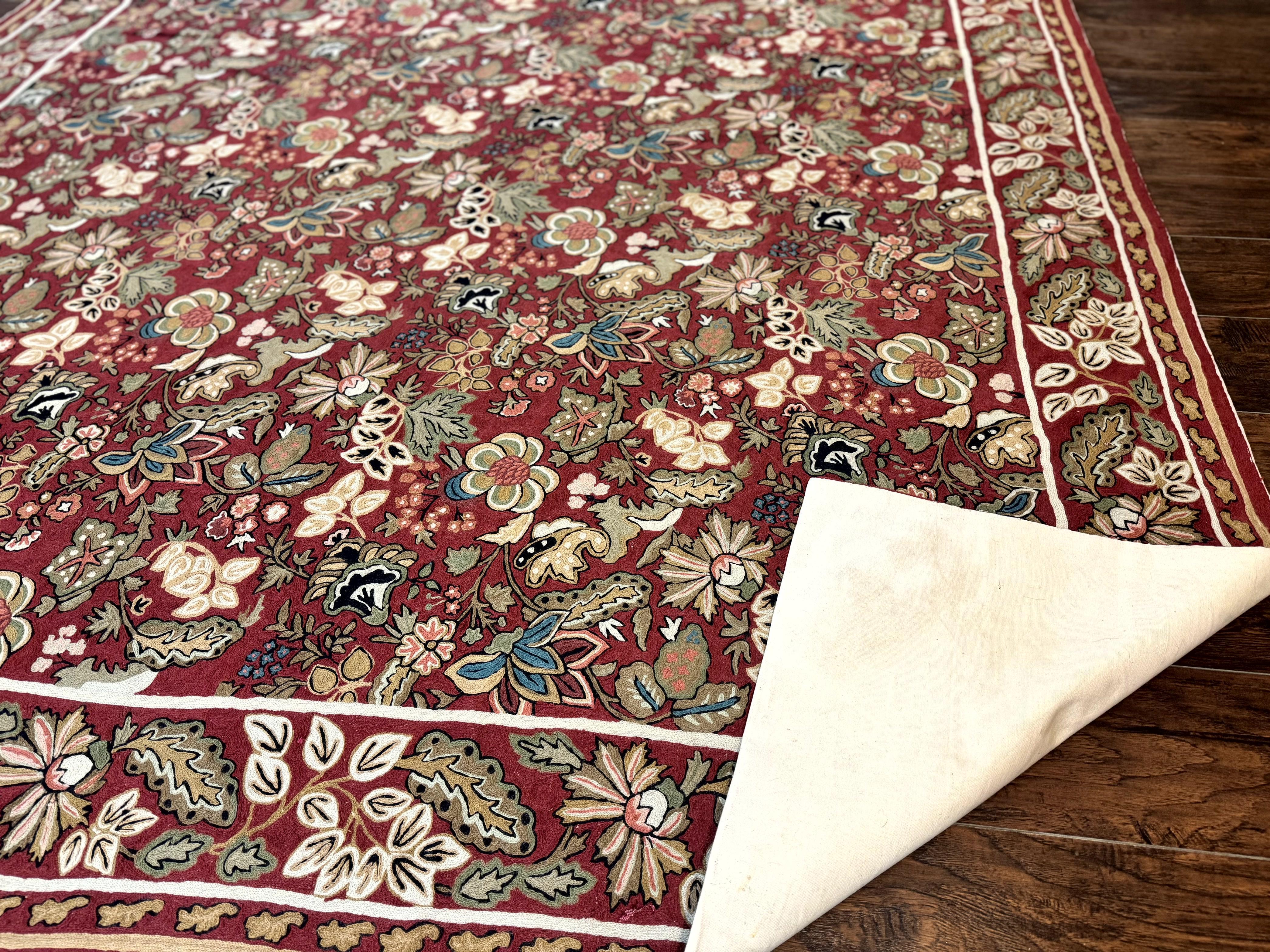 Indian Hand Stitched Rug 8x10, Large Vintage Floral Handmade Carpet, Dark Red Multicolor - Jewel Rugs