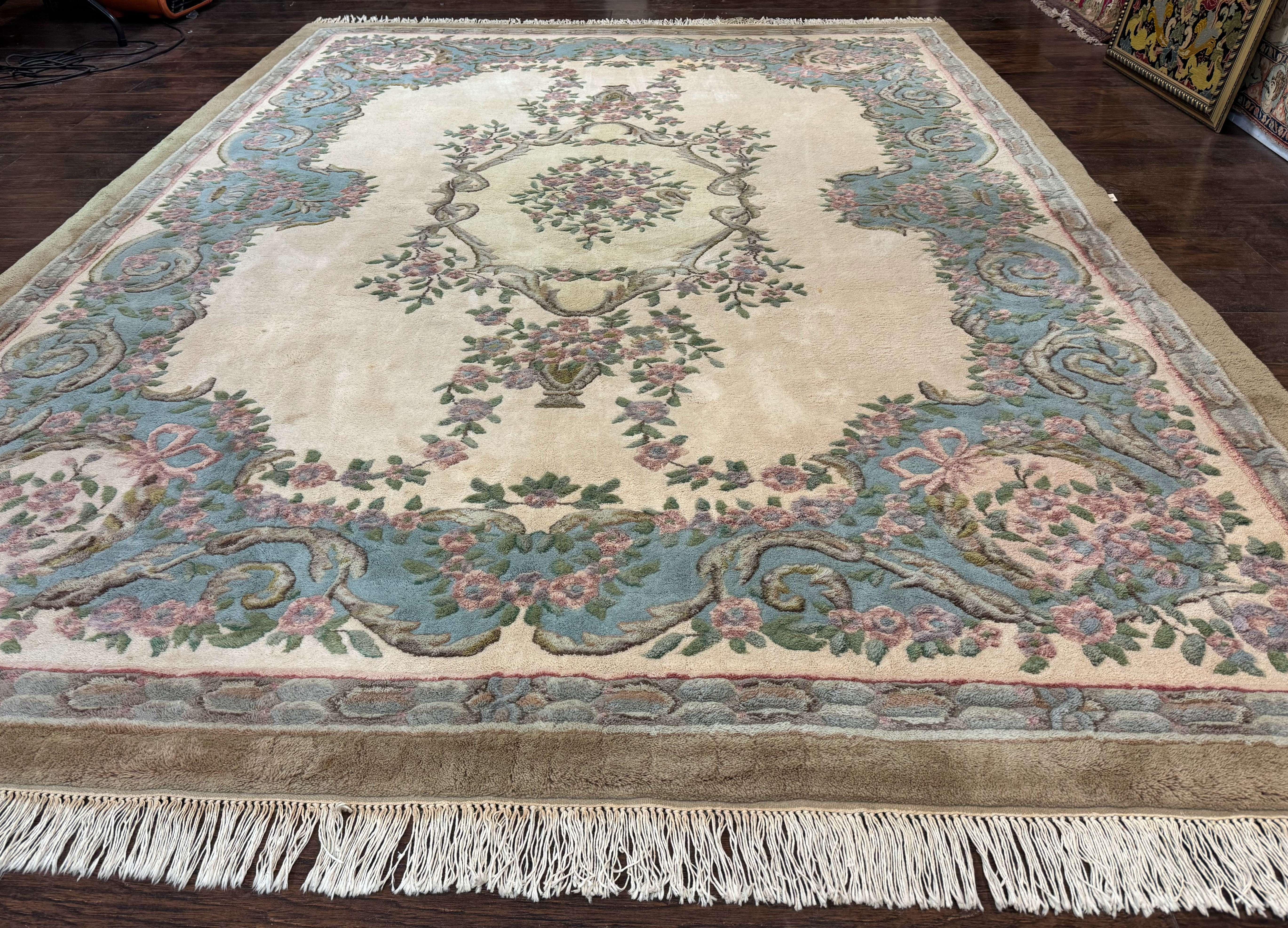 Indo Chinese Aubusson Rug 9x12, Beige and Light Blue, European Design, Wool Area Rug - Jewel Rugs