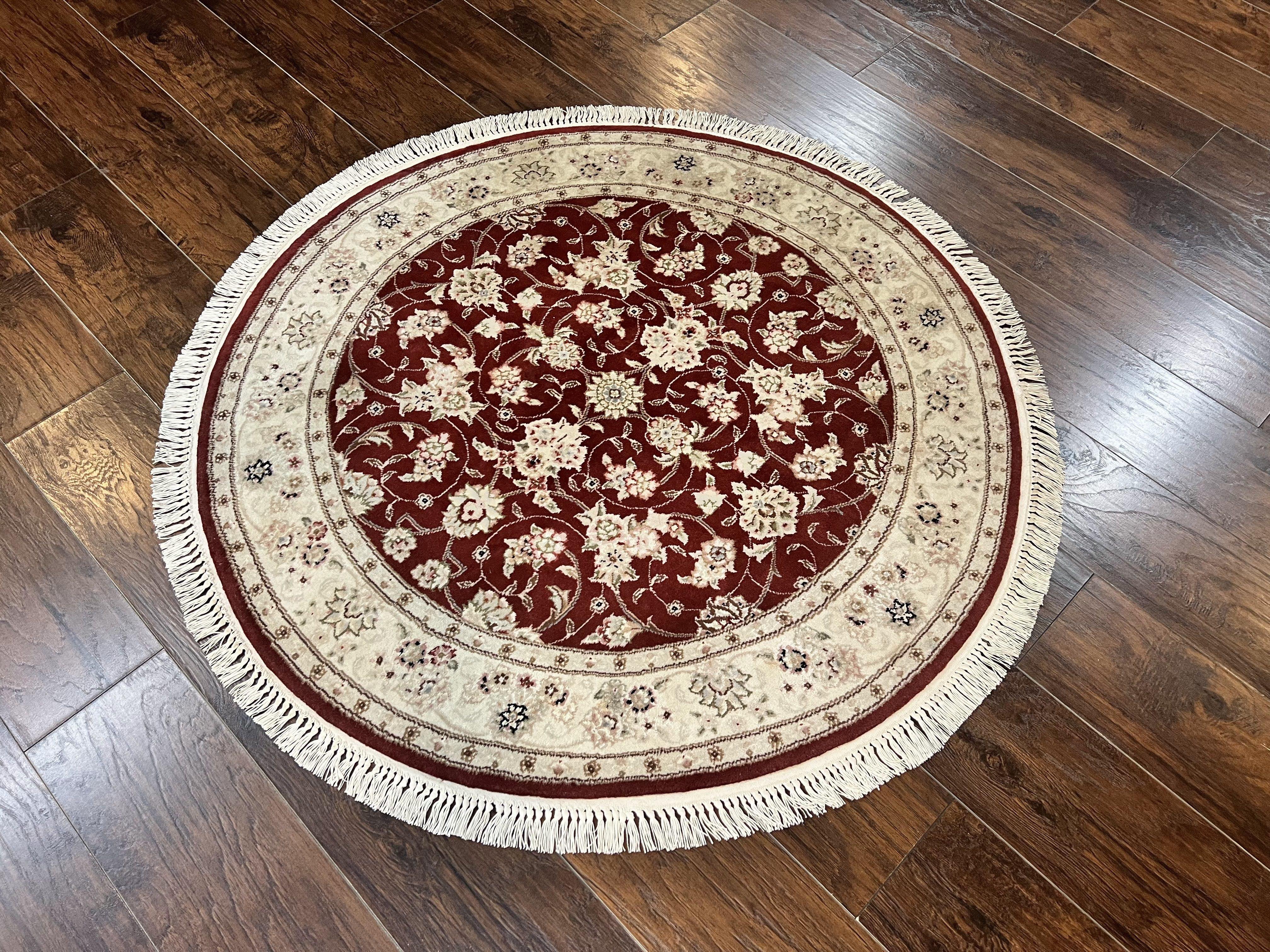 Sino Persian Round Rug 4x4, Wool Hand Knotted Oriental Carpet, Maroon & Ivory Vintage Rug, Floral Rug, Traditional Rug 4 x 4, Fine Rug - Jewel Rugs
