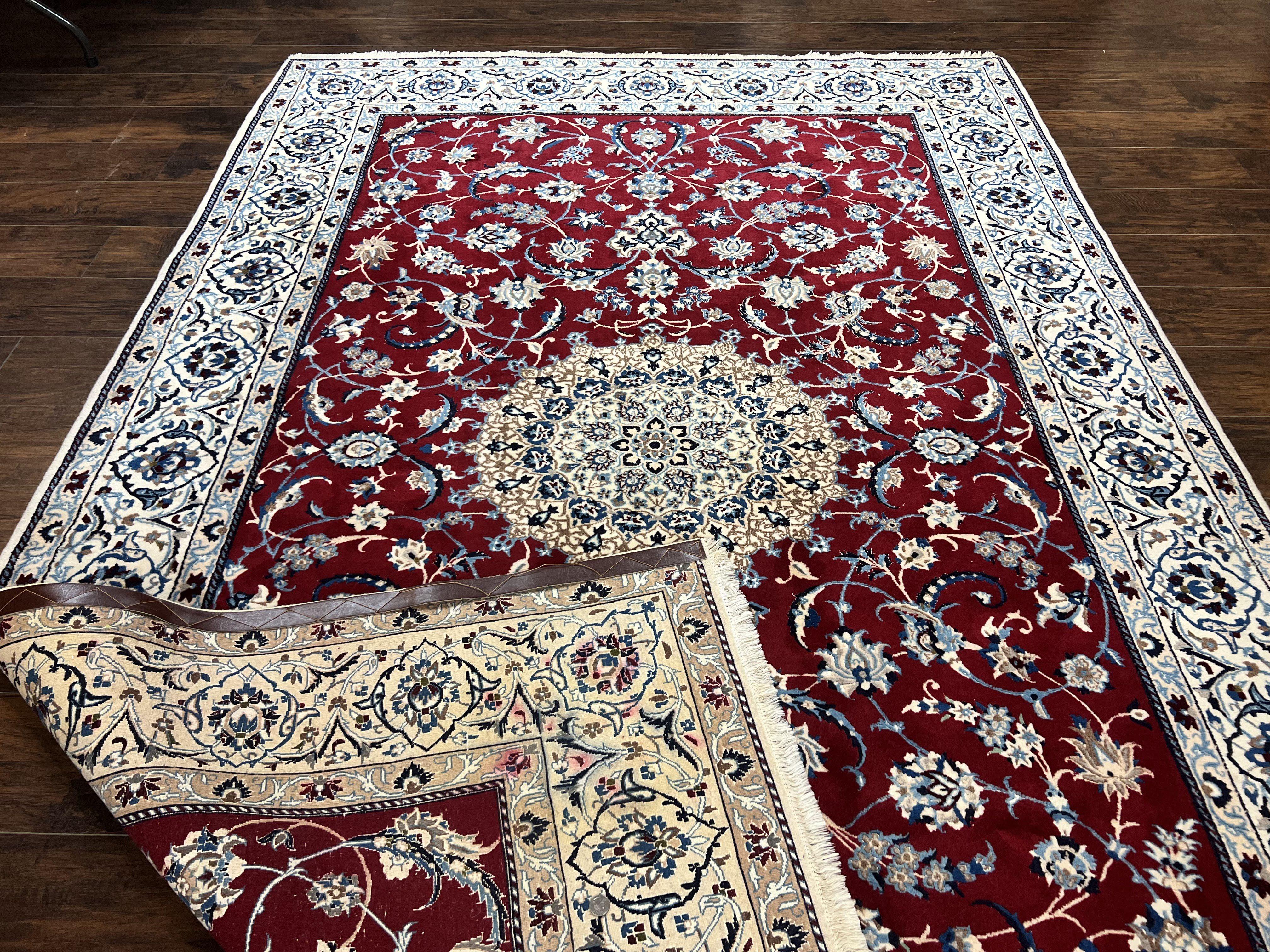 Persian Nain Rug 6x10, Wool and Silk Highlights, Red and Ivory, Floral Medallion, Vintage Handmade Hand Knotted, Fine 225 KPSI, Traditional Rug - Jewel Rugs