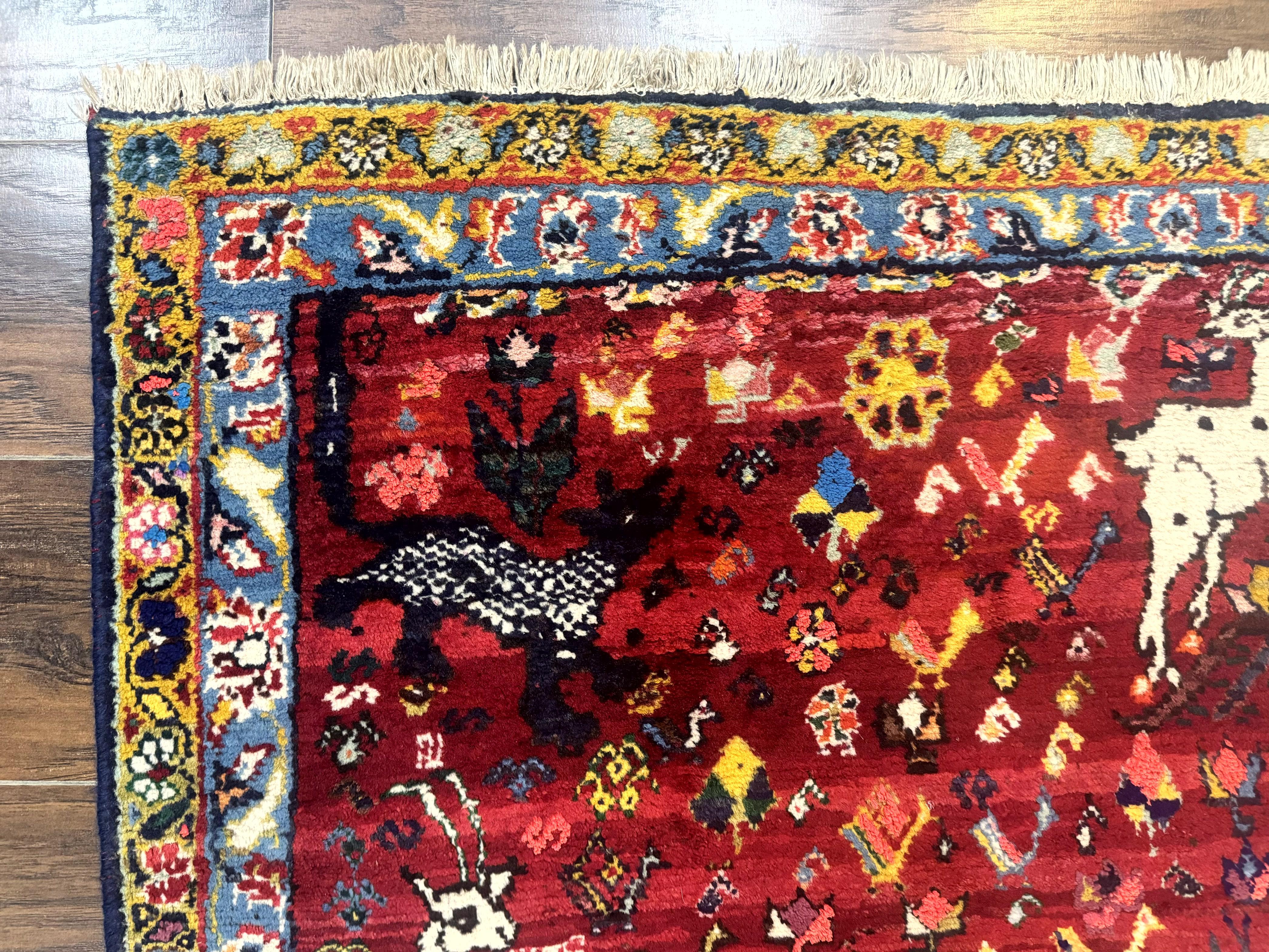Persian Gabbeh Rug 3x5, Animal Pictorials, Wool and Silk, Handmade Vintage Small Rug, Red - Jewel Rugs