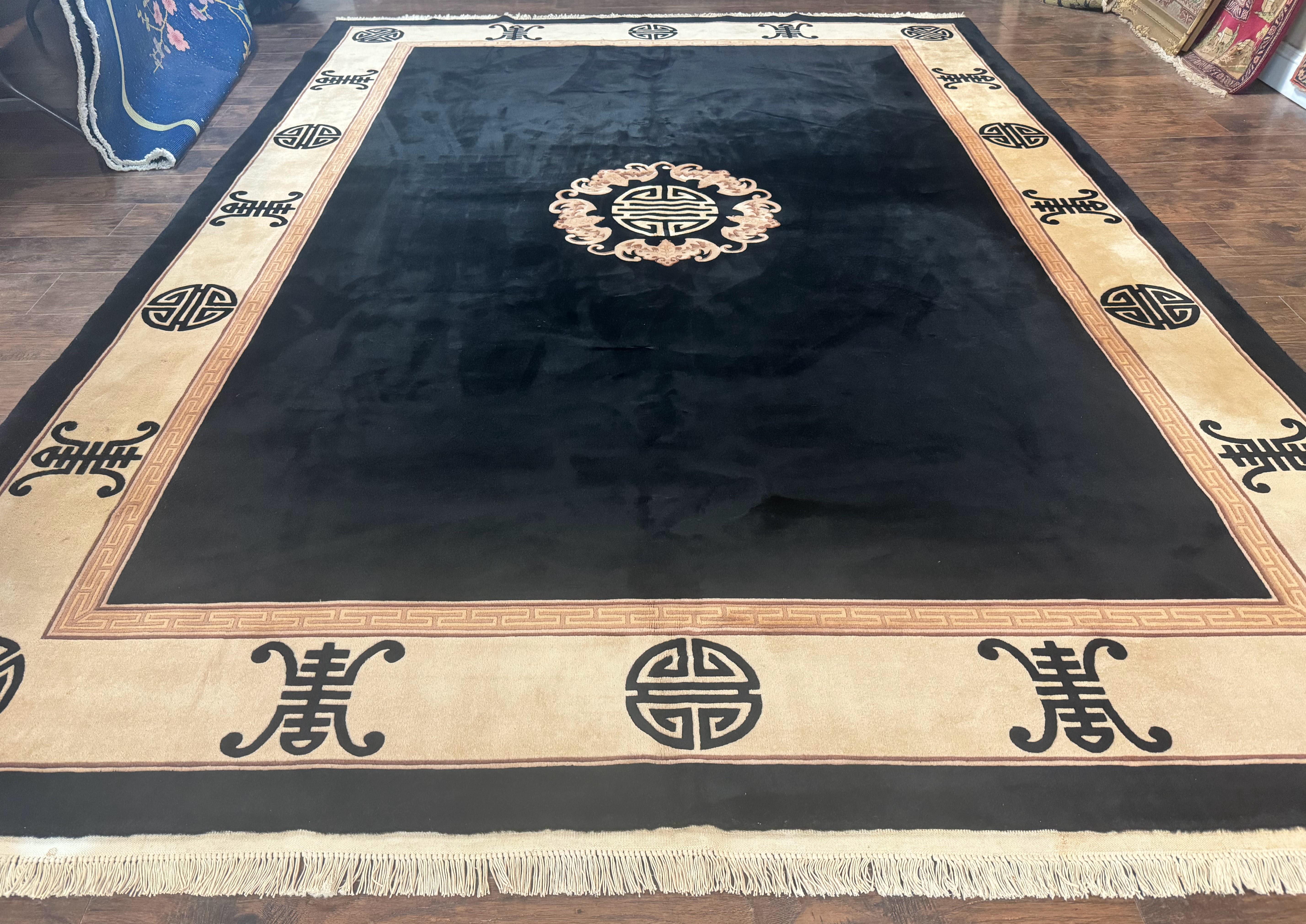 Black Chinese Wool Rug 9x12, Vintage Asian Oriental Carpet, Open Field Simple Design, Black and Beige - Jewel Rugs