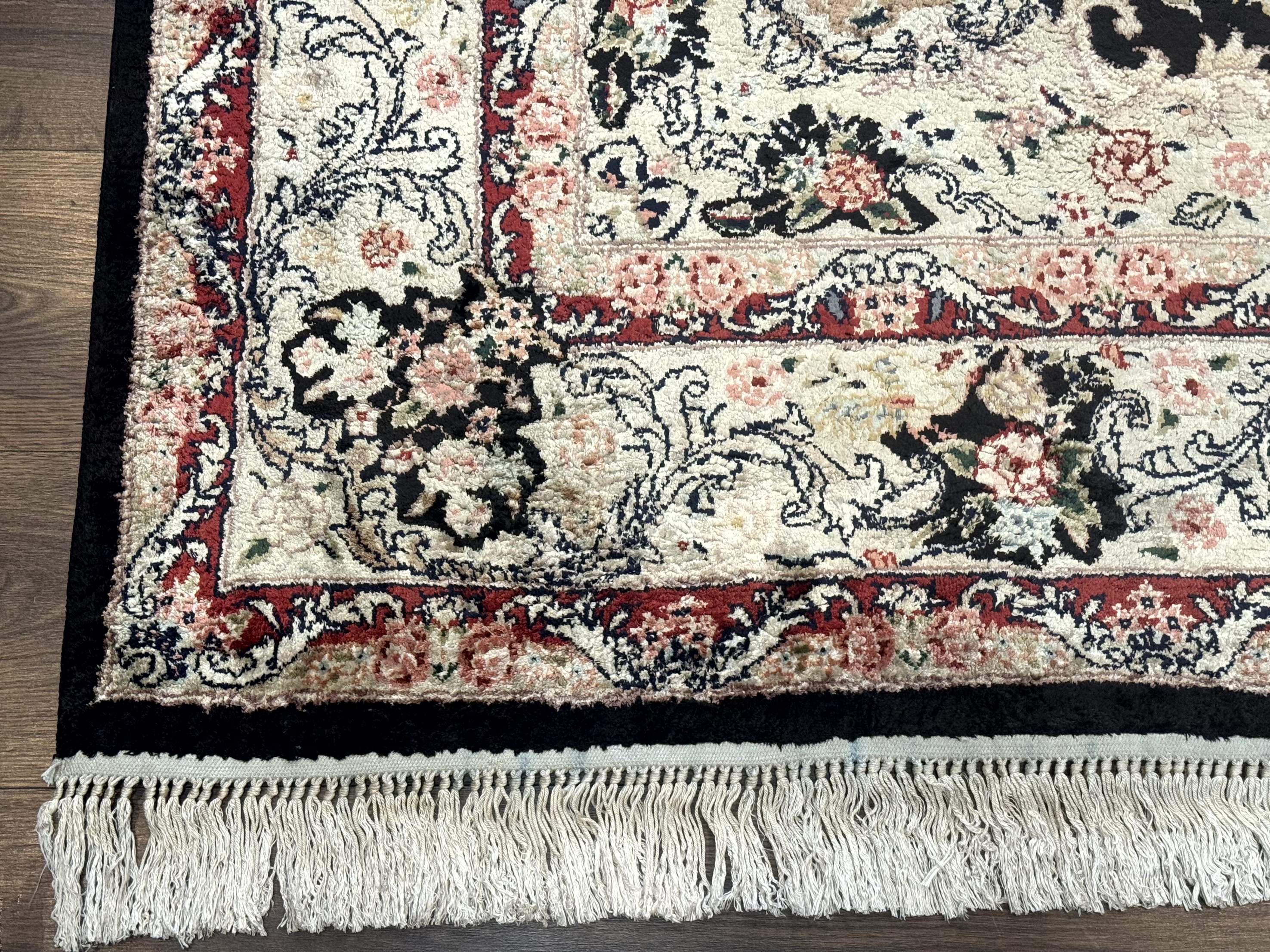 Indian Kashmiri Silk Rug, Floral Medallion, Vintage Hand Knotted Carpet - Jewel Rugs
