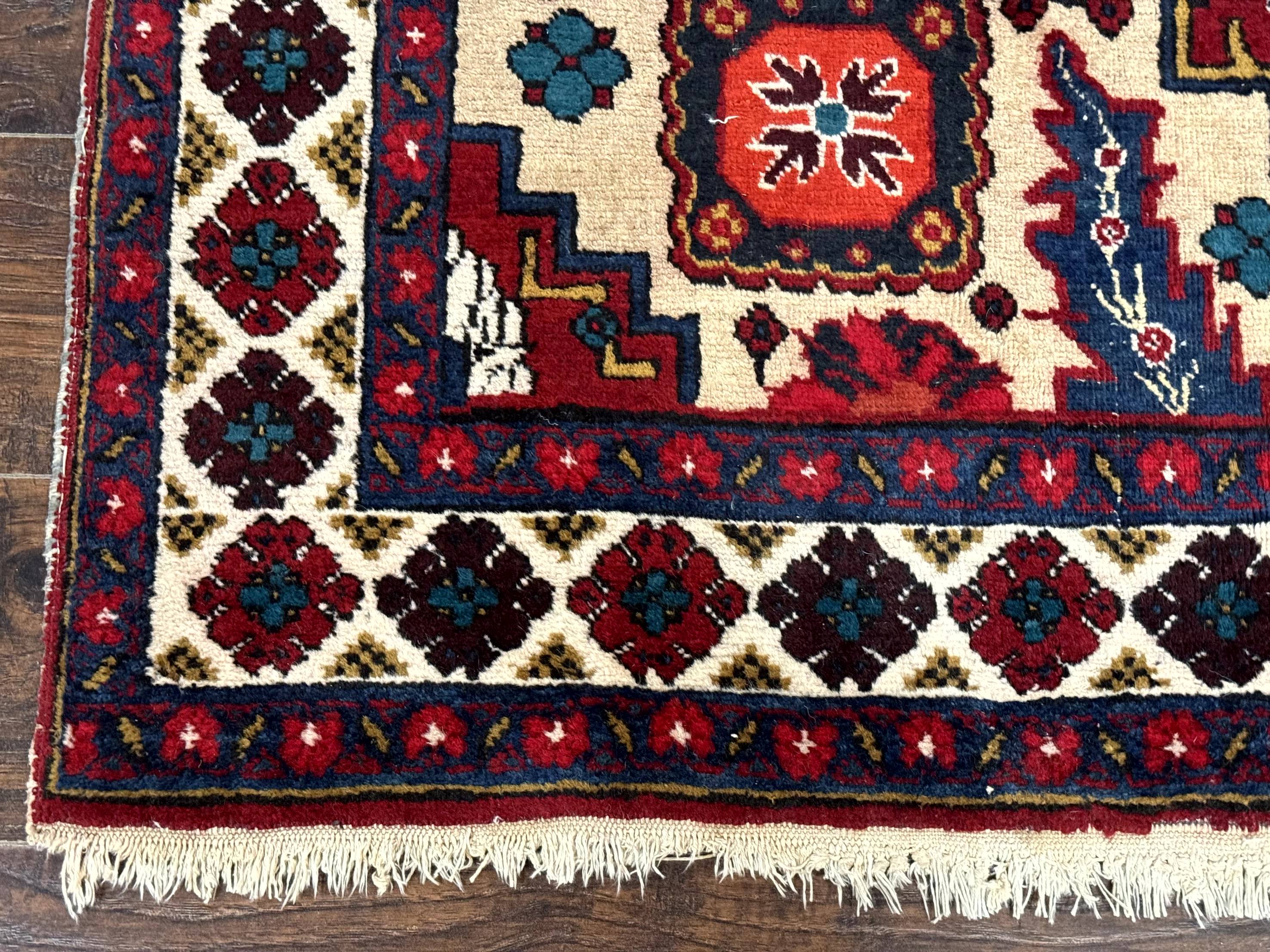 Persian Bakhtiari Rug 4.8 x 11, Wide Tribal Runner, Red Ivory and Blue, Vibrant Colors, Antique, Wool, Rare - Jewel Rugs