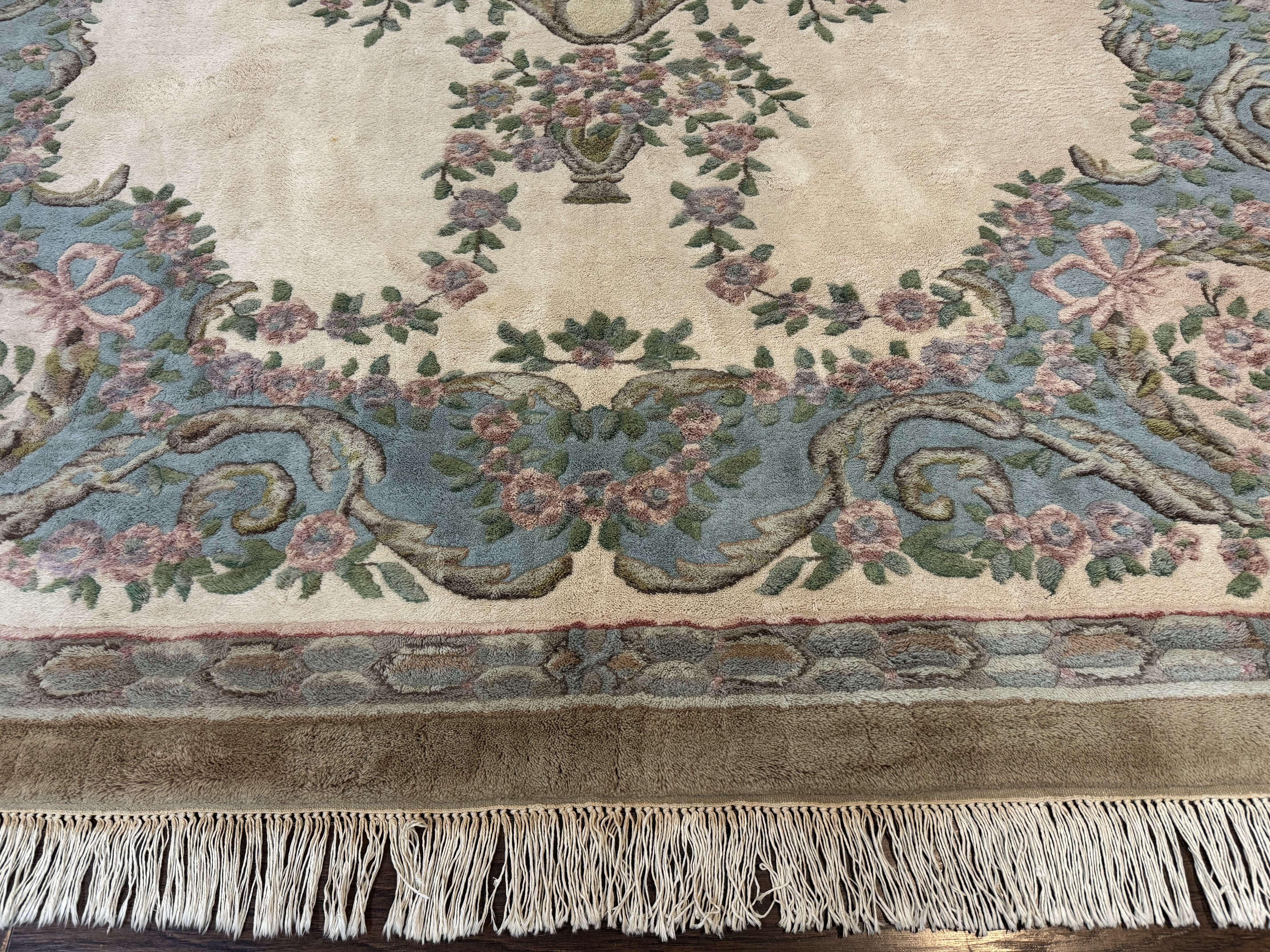 Indo Chinese Aubusson Rug 9x12, Beige and Light Blue, European Design, Wool Area Rug - Jewel Rugs