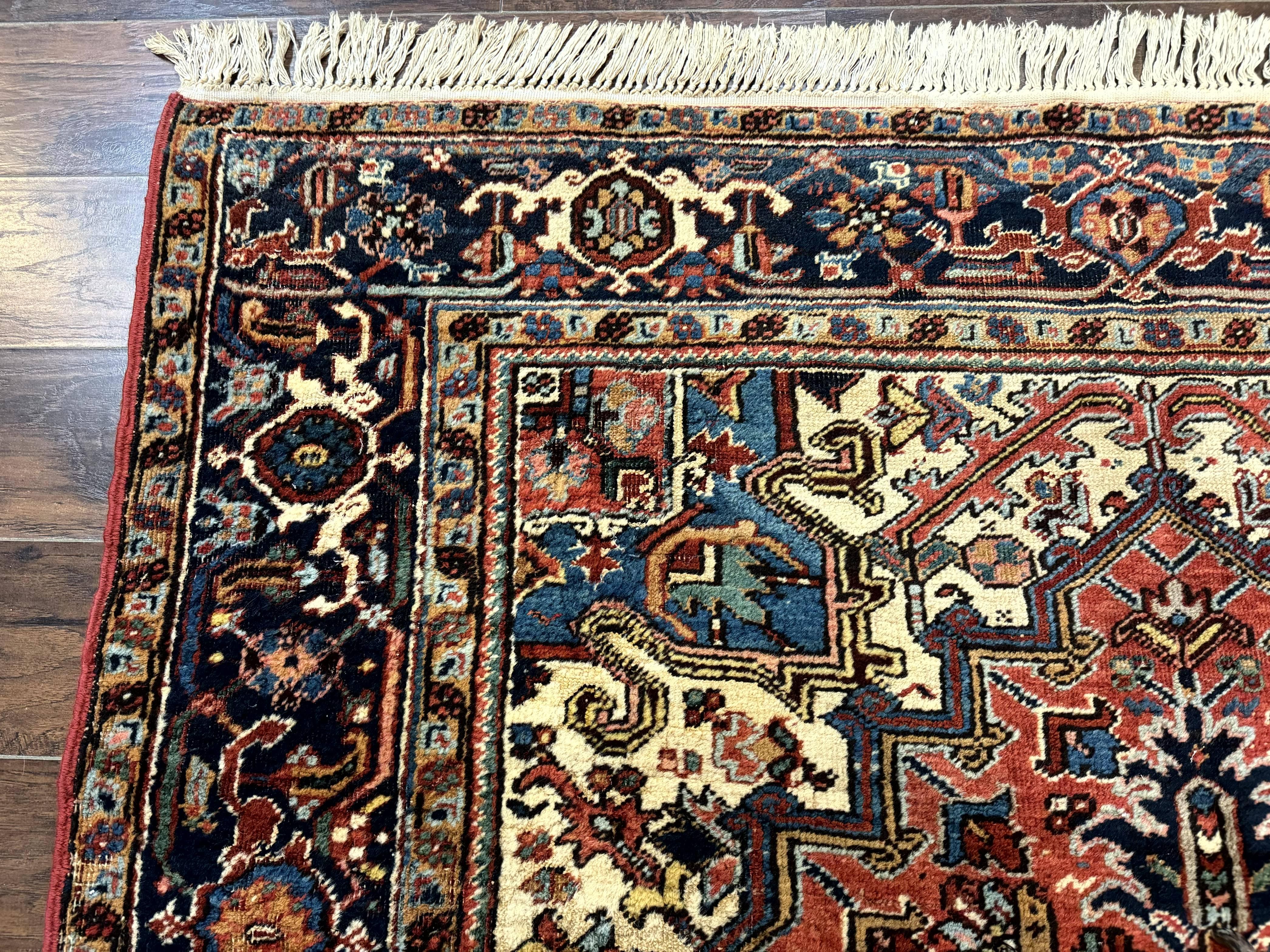 Antique Persian Heriz Rug 6x9, Red Navy Blue, Wool, Geometric Medallion - Jewel Rugs