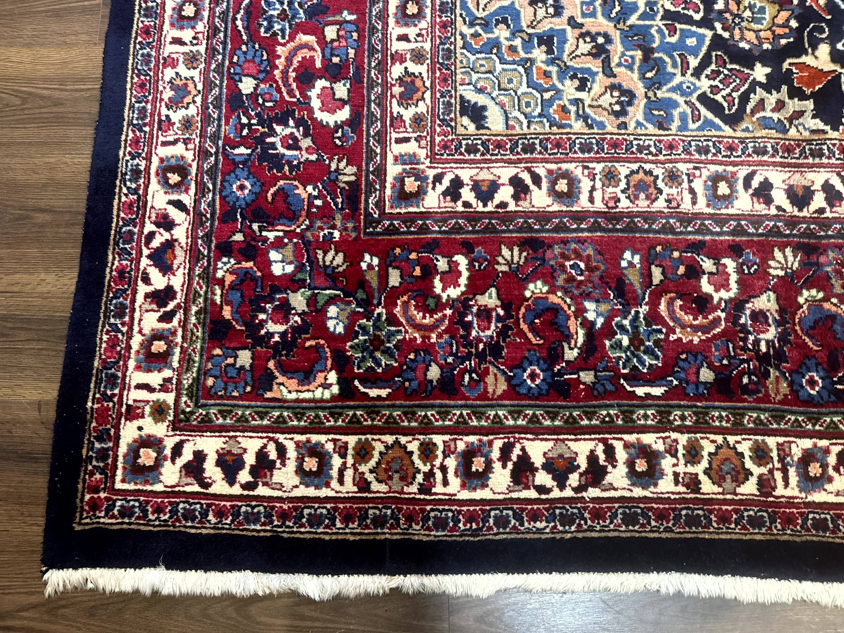 Palace Size Persian Mashad Rug 11x16, Navy Blue and Red, Floral Medallion - Jewel Rugs