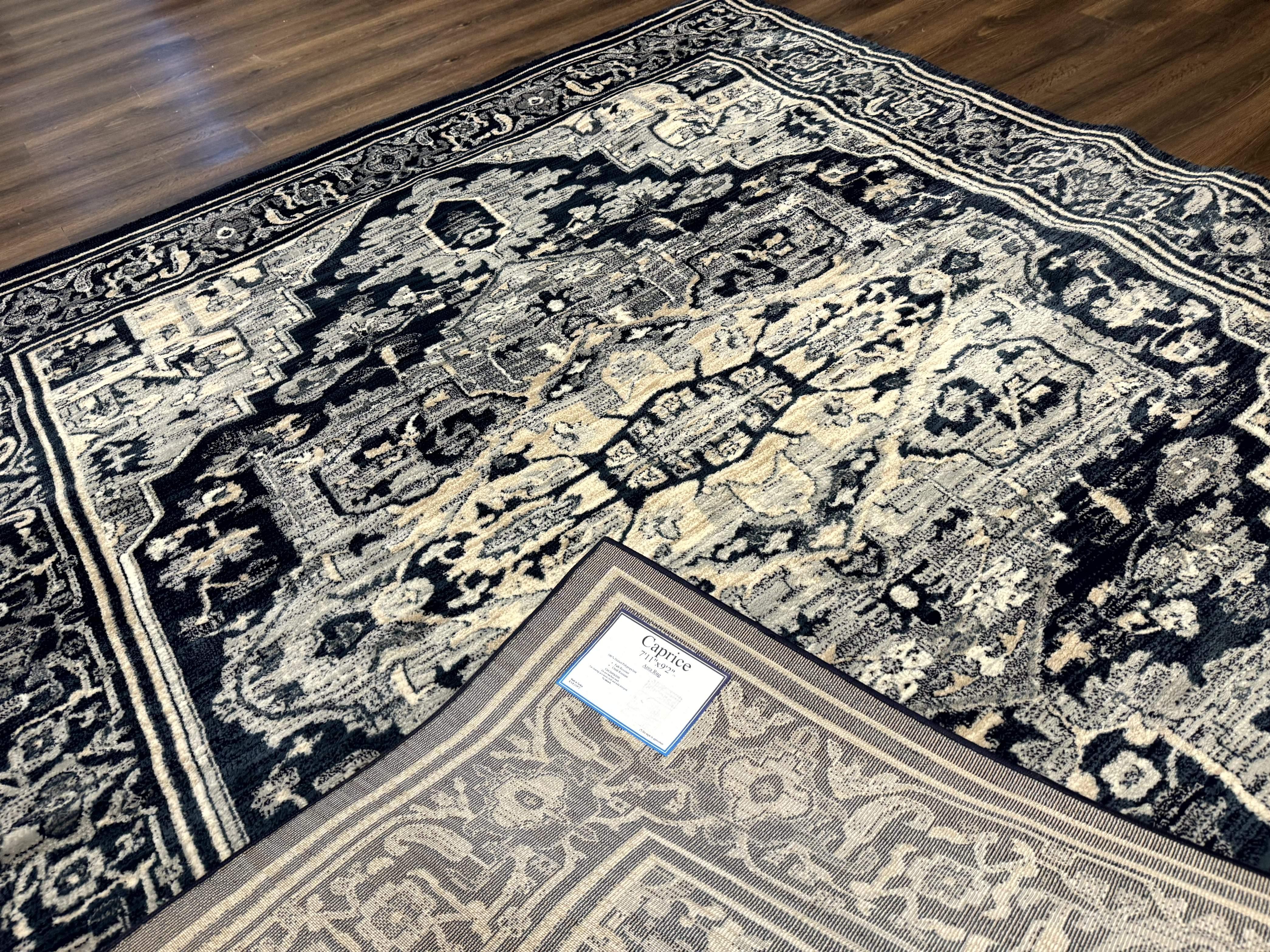 Heriz Pattern Rug 8x10, Modern Heriz Carpet, Geometric Area Rug, Oat and Navy Blue - Jewel Rugs