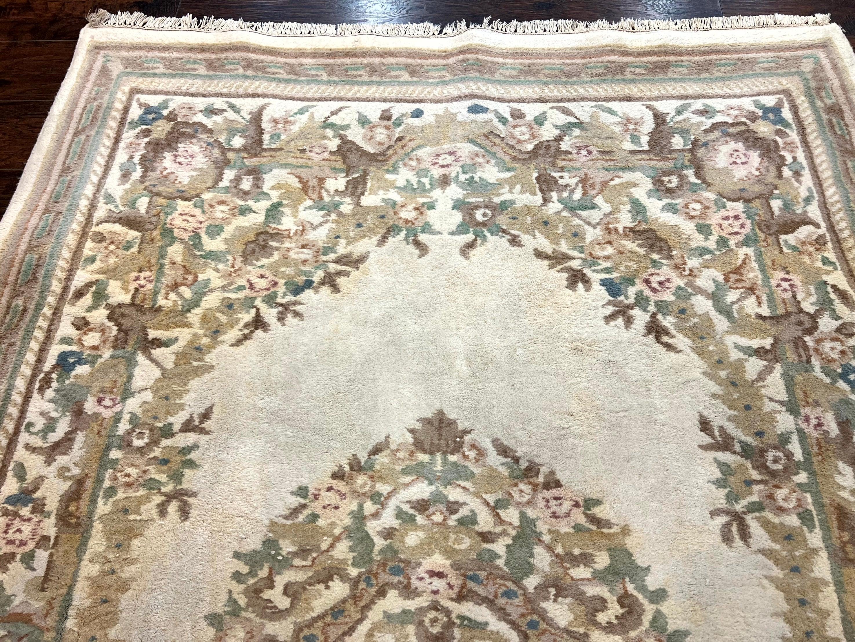 Indo Chinese Aubusson Rug 6x9, Wool Vintage Handmade Rug, Beige - Jewel Rugs