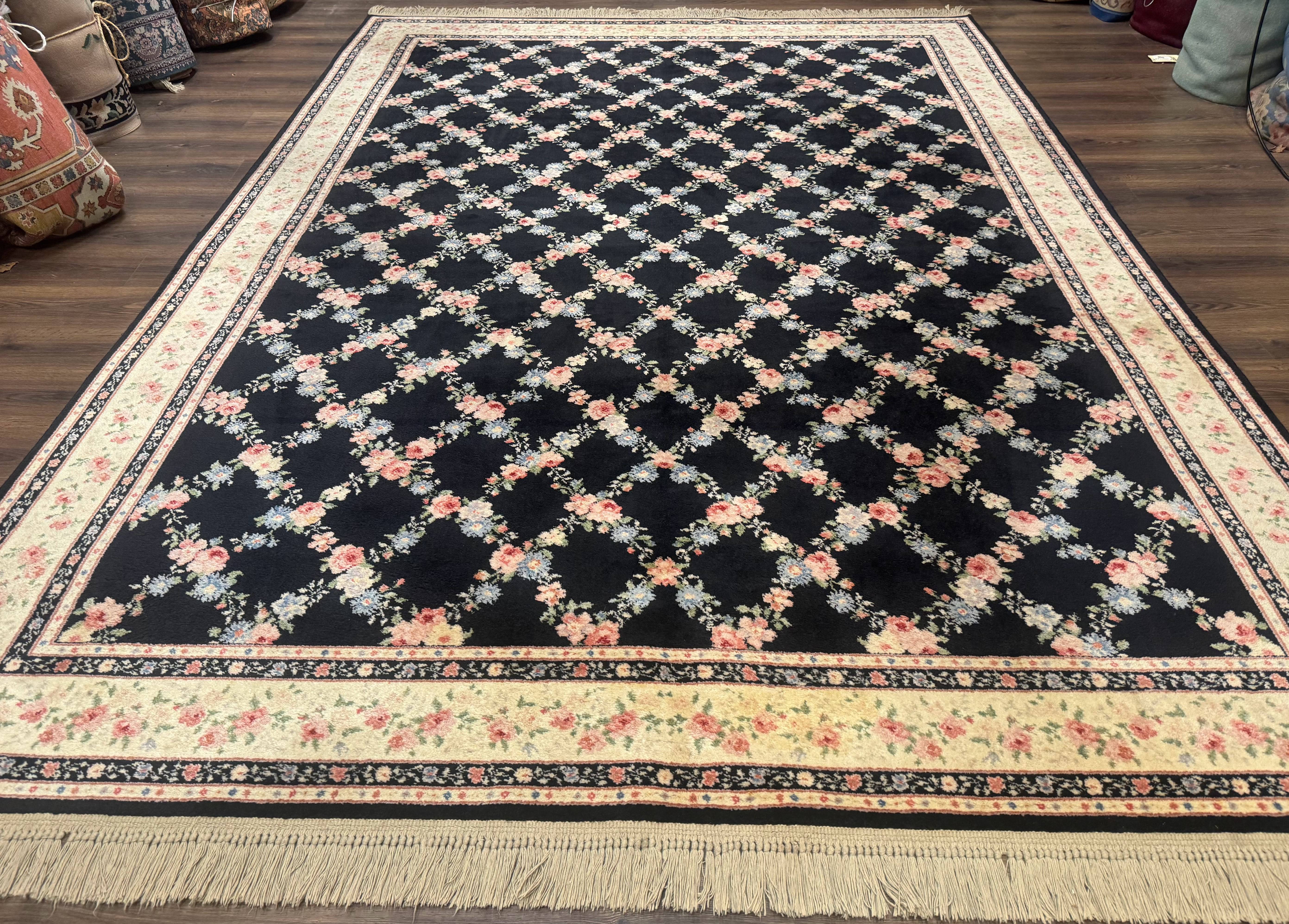 8.8 x 12 Karastan Garden of Eden Rug, Ebony Trellis #509/1270, Black, Floral, Wool Pile, Vintage, Discontinued - Jewel Rugs