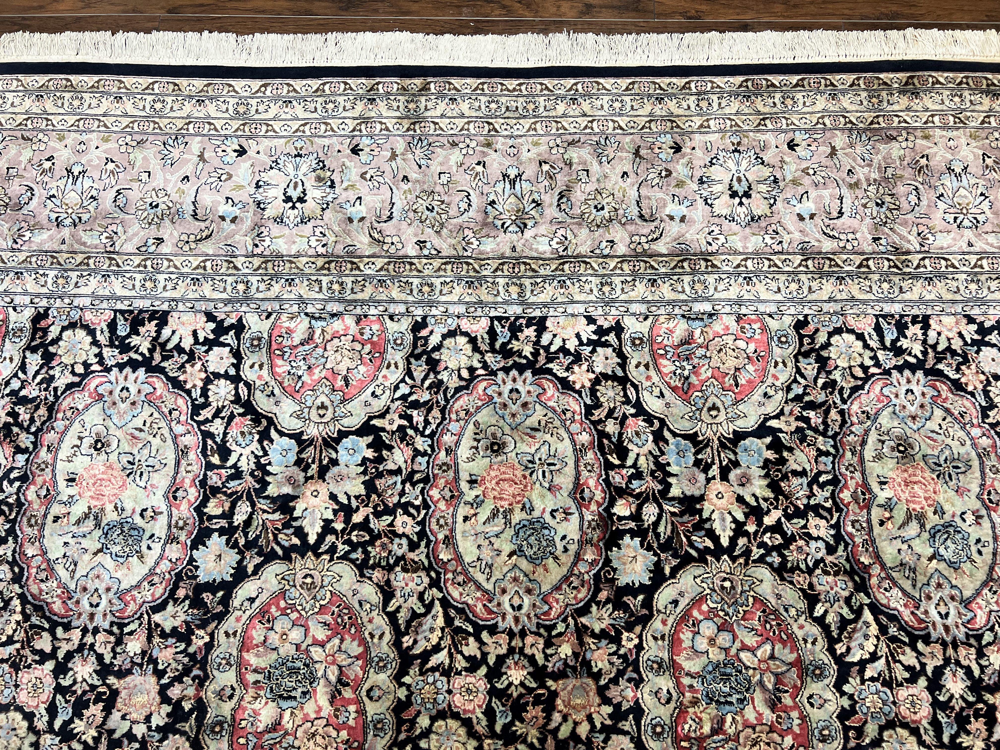 Sino Persian Rug 9x12, Navy Blue and Pink Hand Knotted Wool and Silk Highlights Vintage Oriental Carpet, Handmade Floral Area Rug 9 x 12 ft - Jewel Rugs