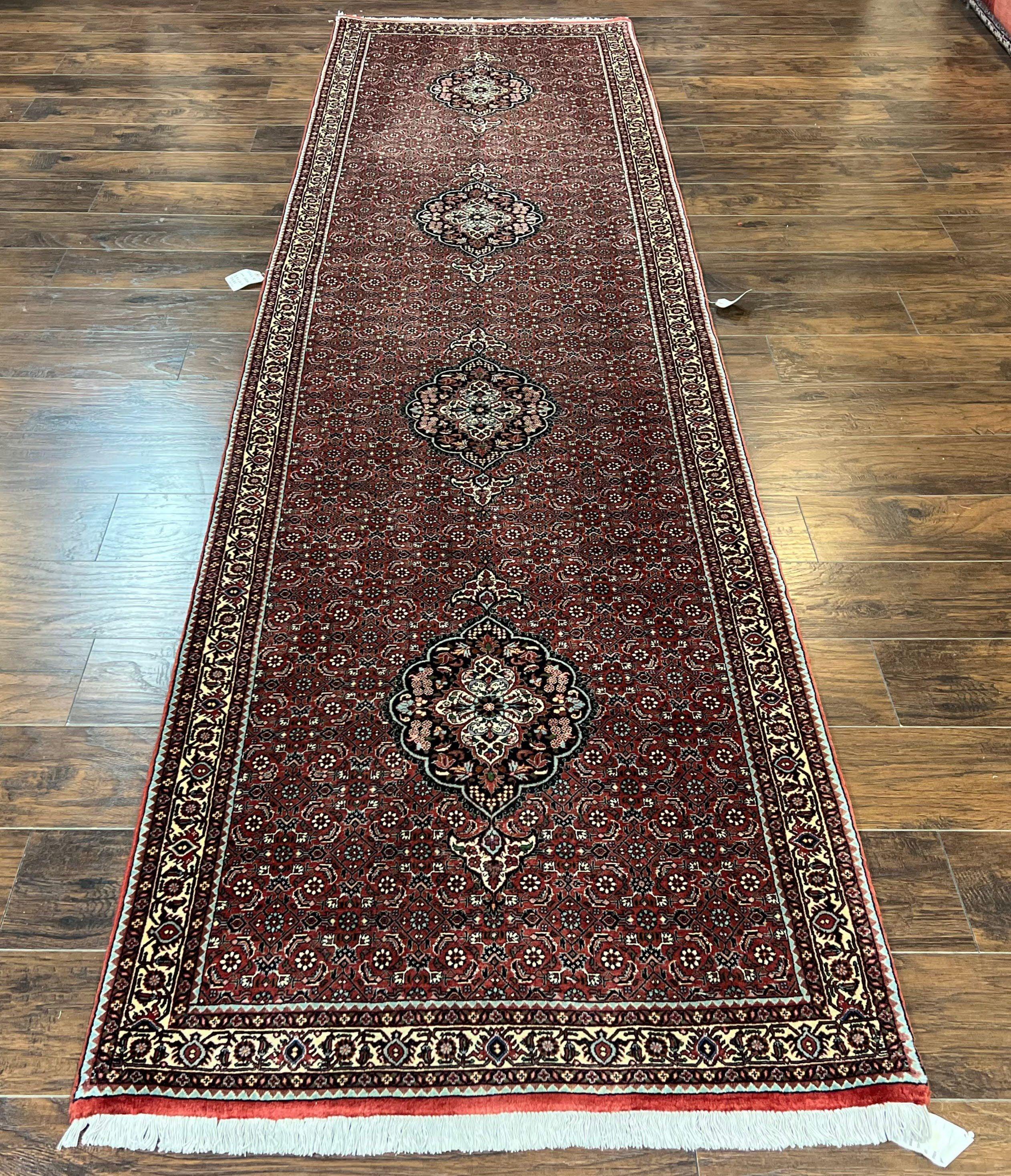Persian Bidjar Runner Rug 3.5 x 12.7, Mahi Herati Pattern, Vintage Bijar Rug, Hand Knotted Fine Oriental Runner Rug, Wool, Dark Red, Hallway Rug - Jewel Rugs