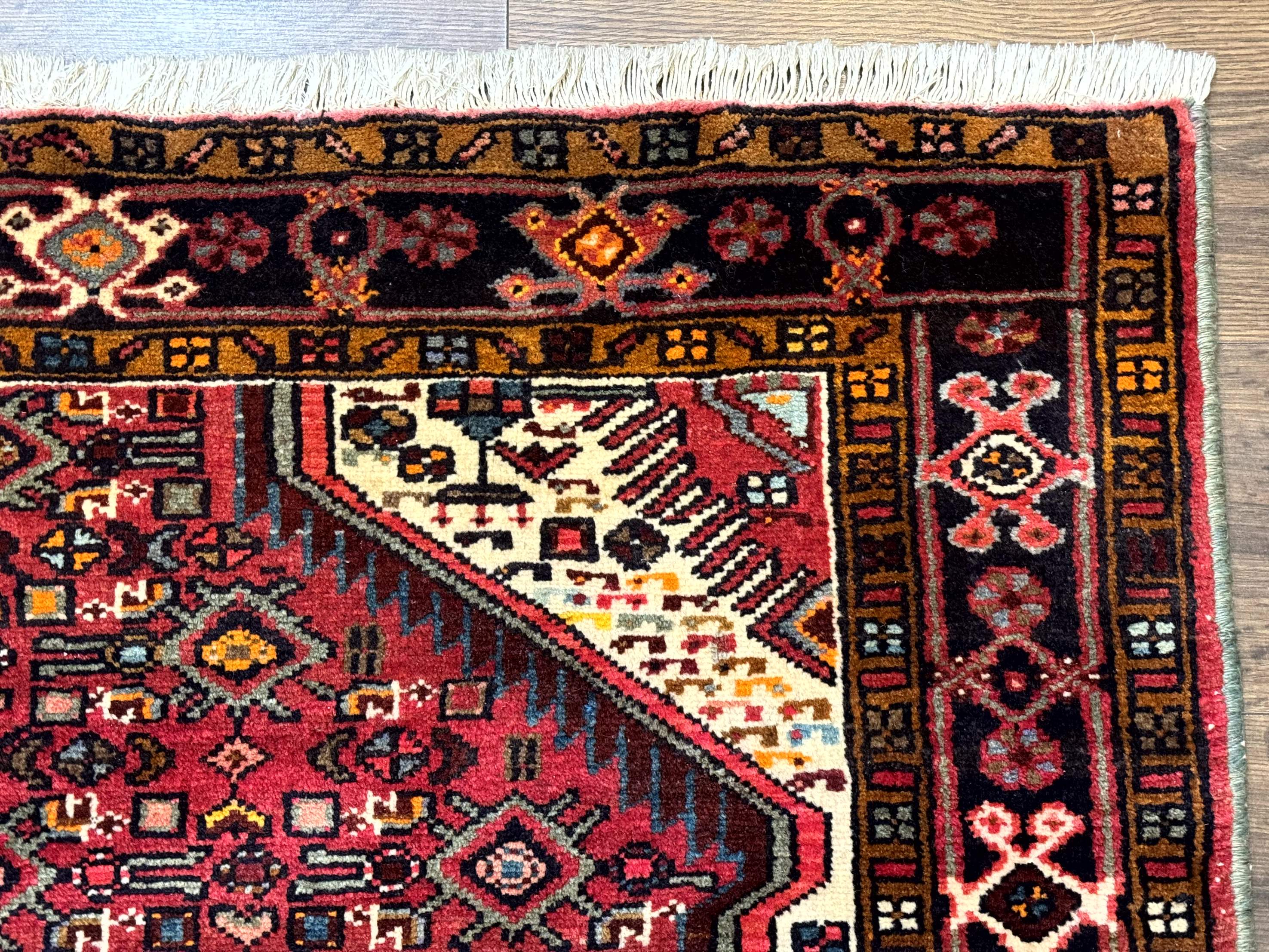 Persian Hamadan Rug 4x7, Tribal Village Malayer Carpet, Red and Ivory, Bohemian Antique - Jewel Rugs