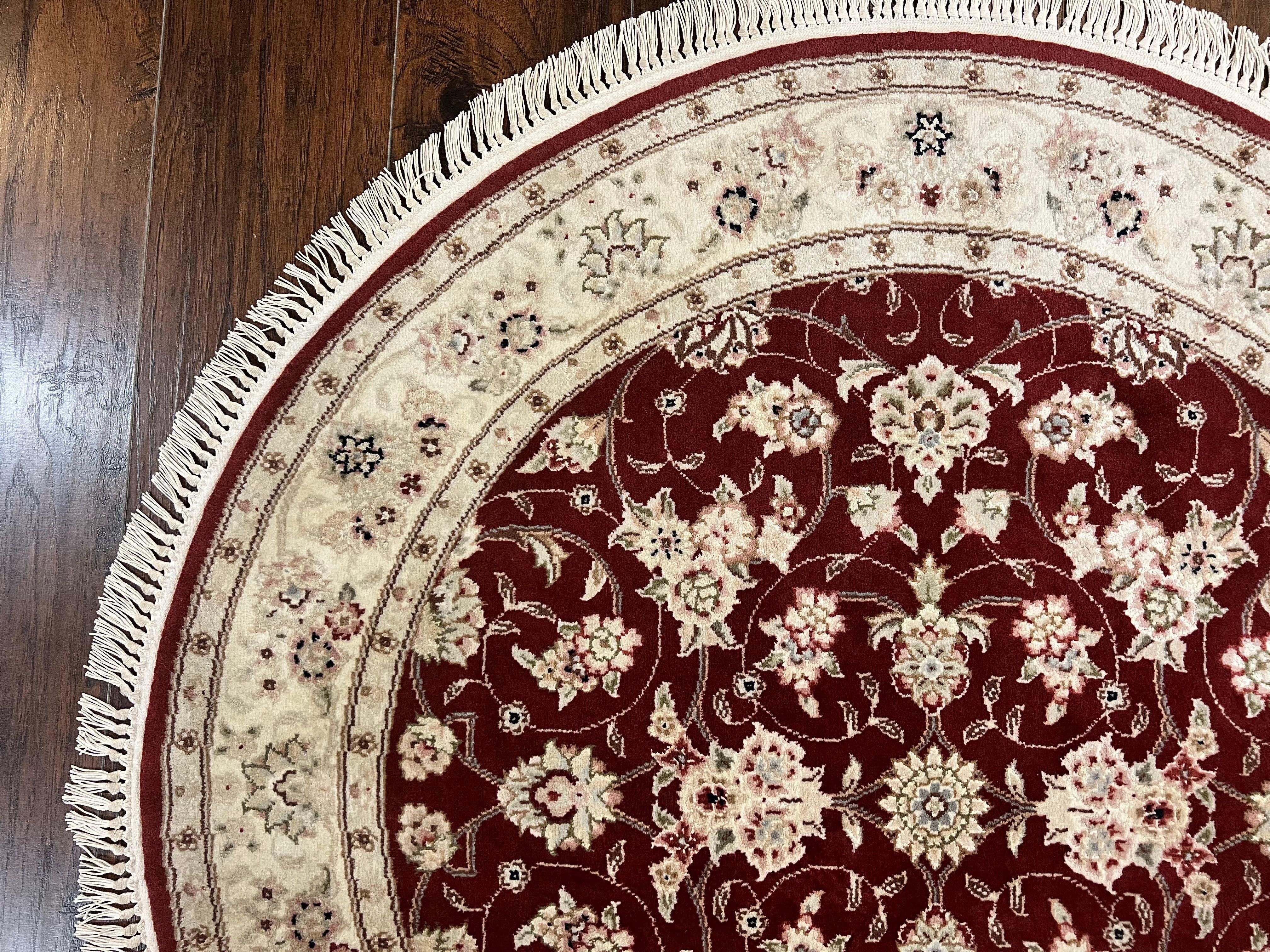 Sino Persian Round Rug 4x4, Wool Hand Knotted Oriental Carpet, Maroon & Ivory Vintage Rug, Floral Rug, Traditional Rug 4 x 4, Fine Rug - Jewel Rugs