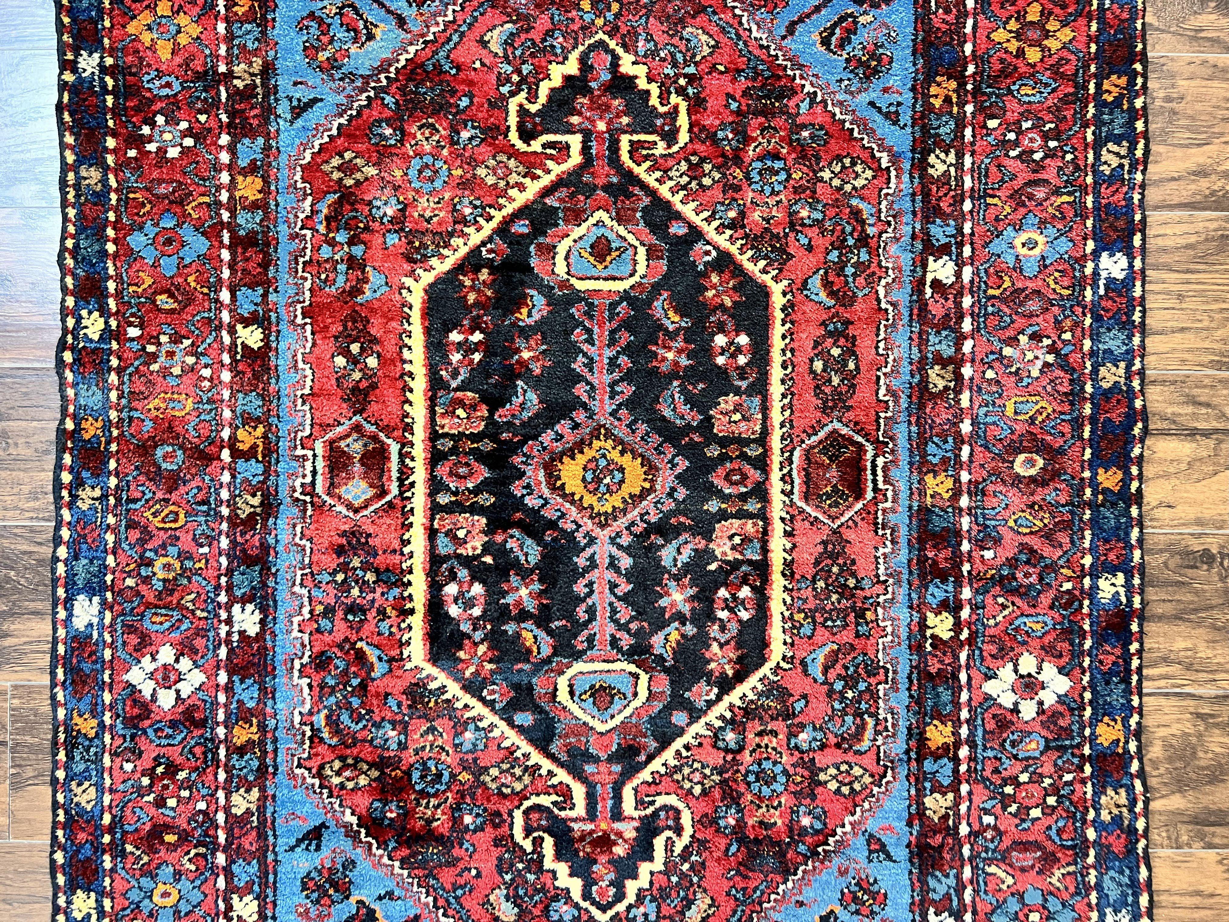 Antique Persian Tribal Rug 4x7, Wool Handmade 1920s Carpet, Red Blue, Persian Hamadan Rug - Jewel Rugs