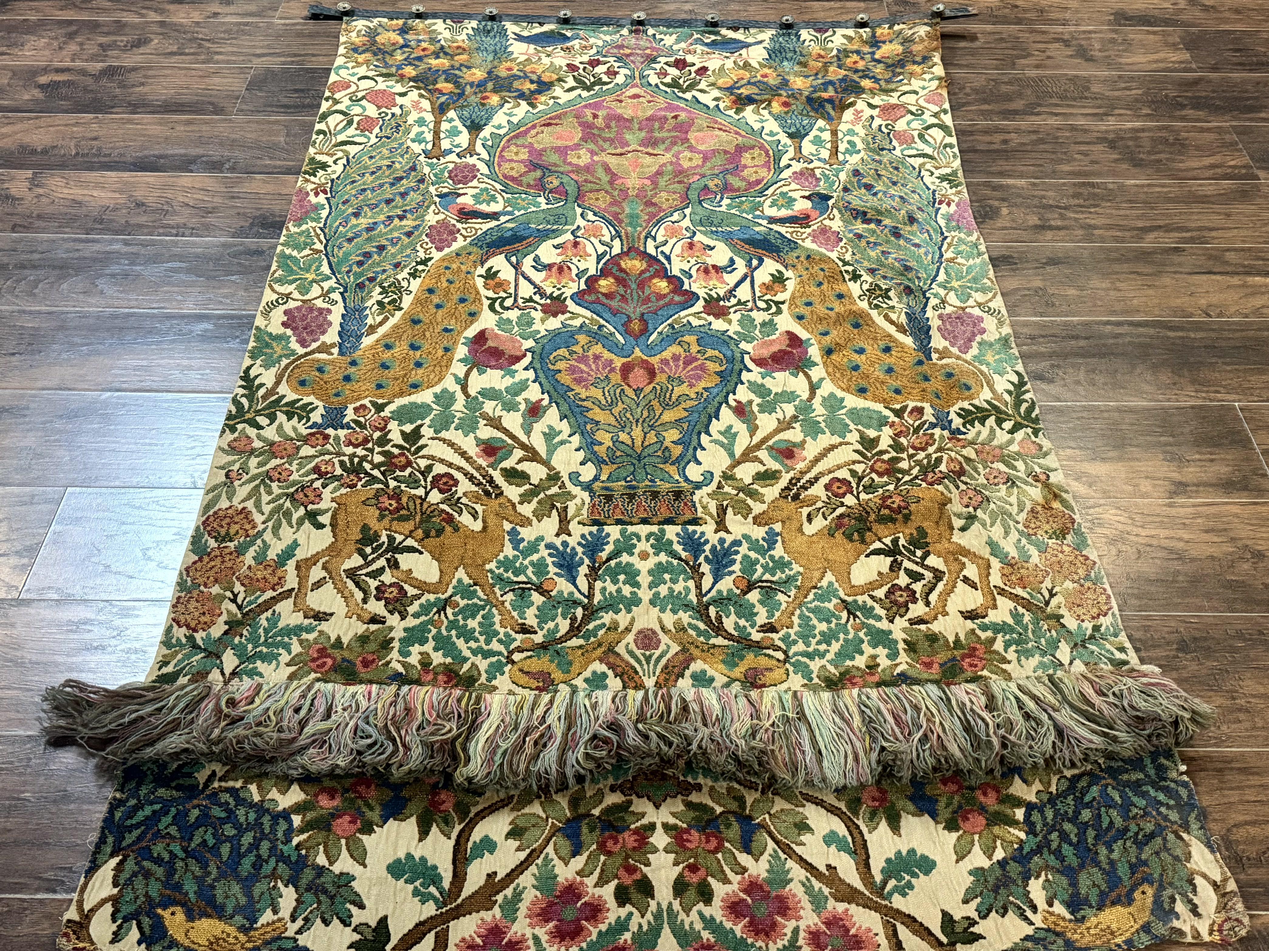 Vintage European Tapestry Wall Hanging 4x6, Peacocks, Deer Birds - Jewel Rugs