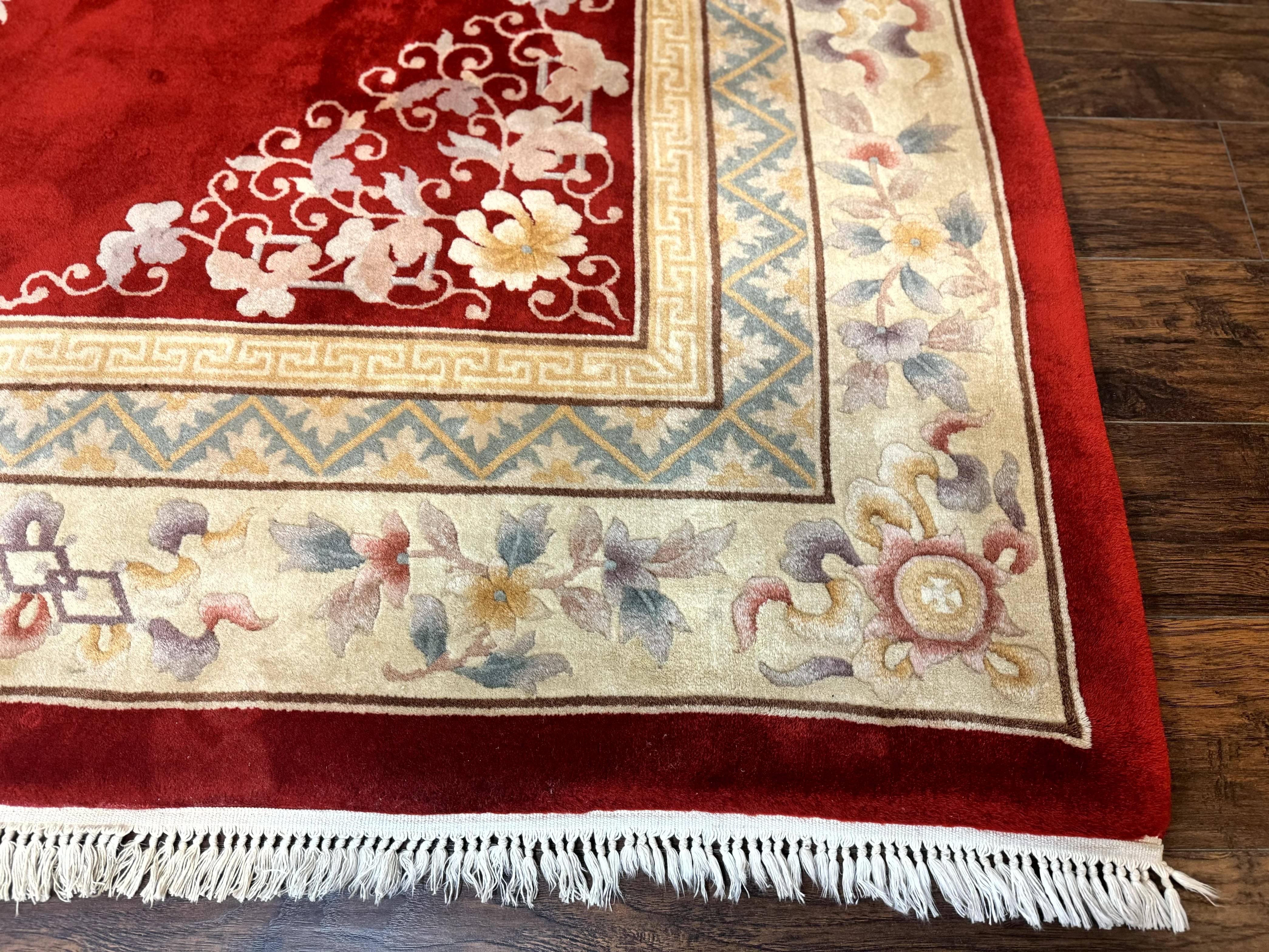 Chinese Wool Rug 8.6 x 11, Red and Beige Asian Oriental Carpet, Plush Pile, Vintage Handmade Chinese Carving Sculpted Rug, Semi Open Field - Jewel Rugs