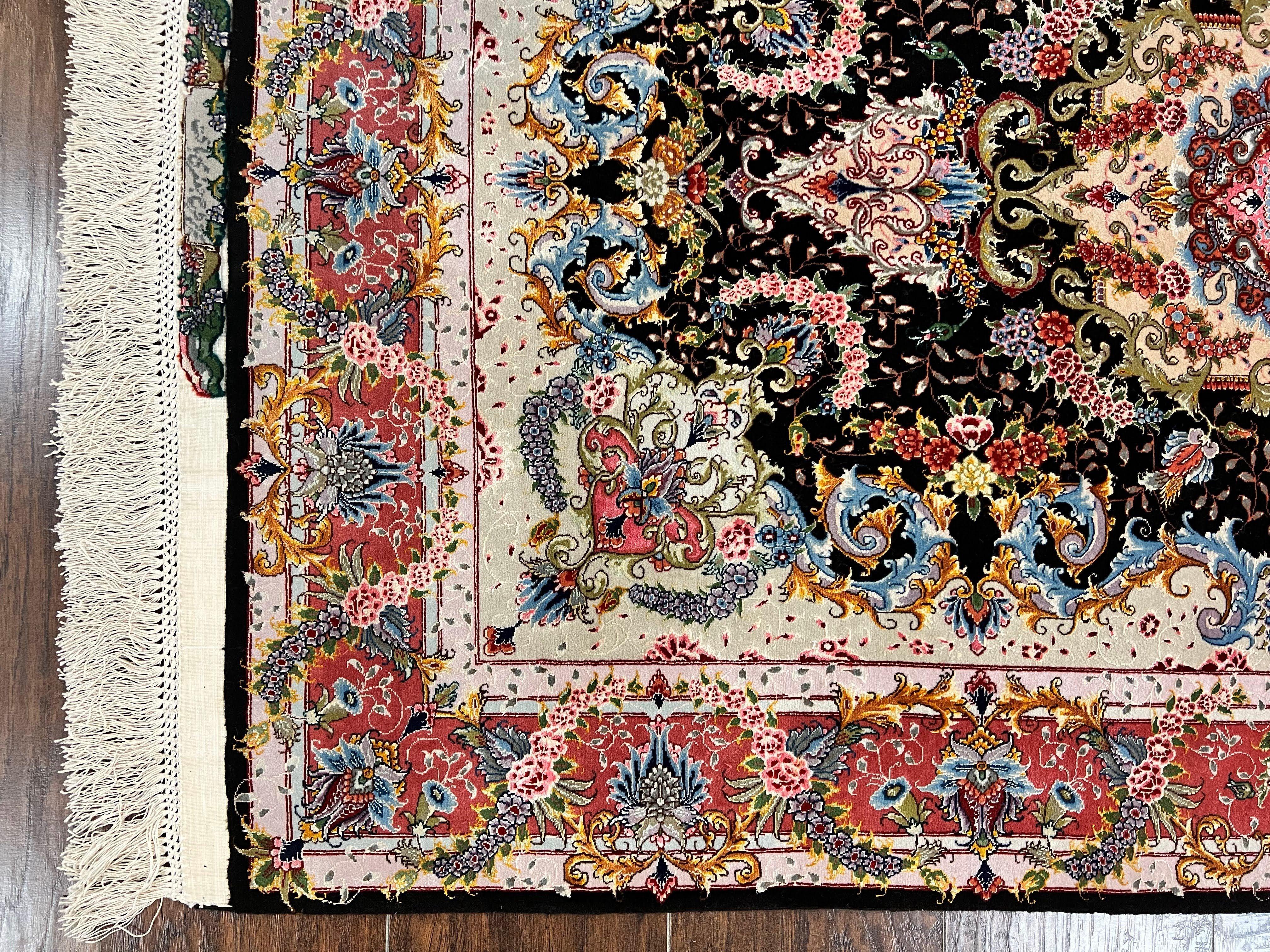 Wonderful 3x5 Persian Tabriz Rug, 650 KPSI, Kork Wool on Silk Foundation, Hand Knotted, Black and Red, Signed by Master Weaver, Floral Medallion - Jewel Rugs