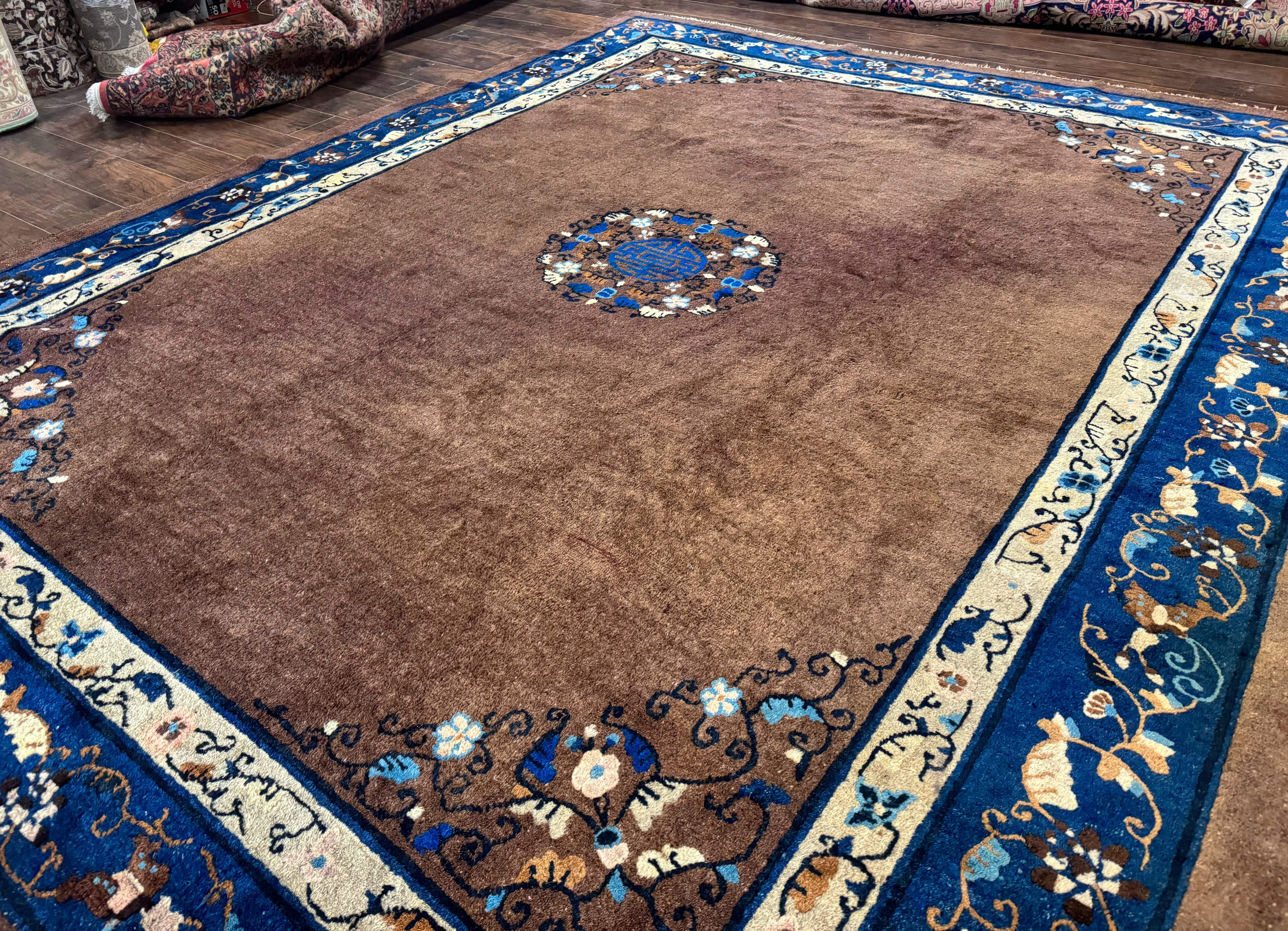 Antique Chinese Wool Rug 9x11, Large Chinese Art Deco Rug, Peking Rug, Brown and Blue, Open Field, Fete Rug - Jewel Rugs