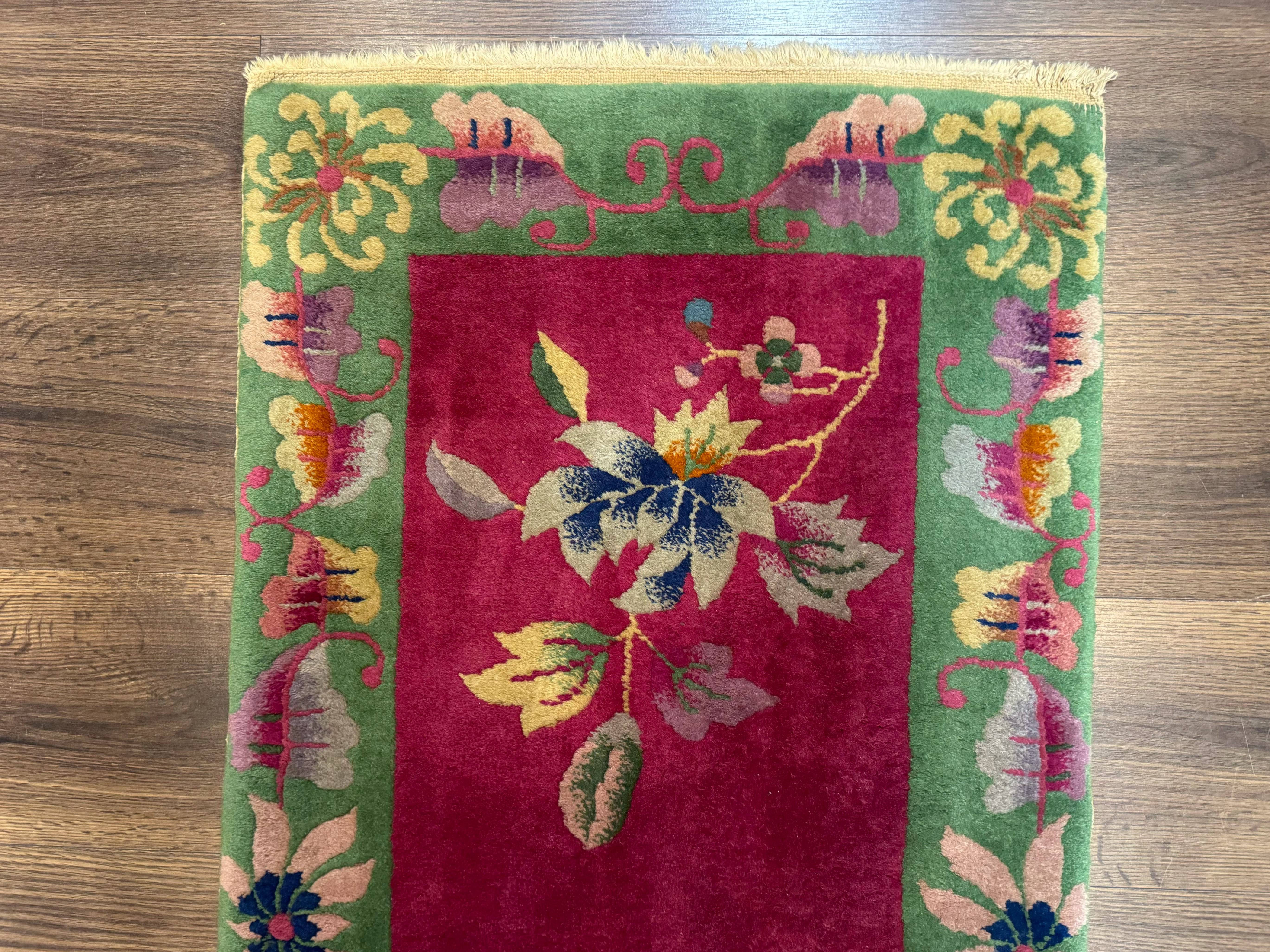 Small Chinese Art Deco Rug 2x4, Magenta and Green, Nichols Carpet, Floral, Wool - Jewel Rugs