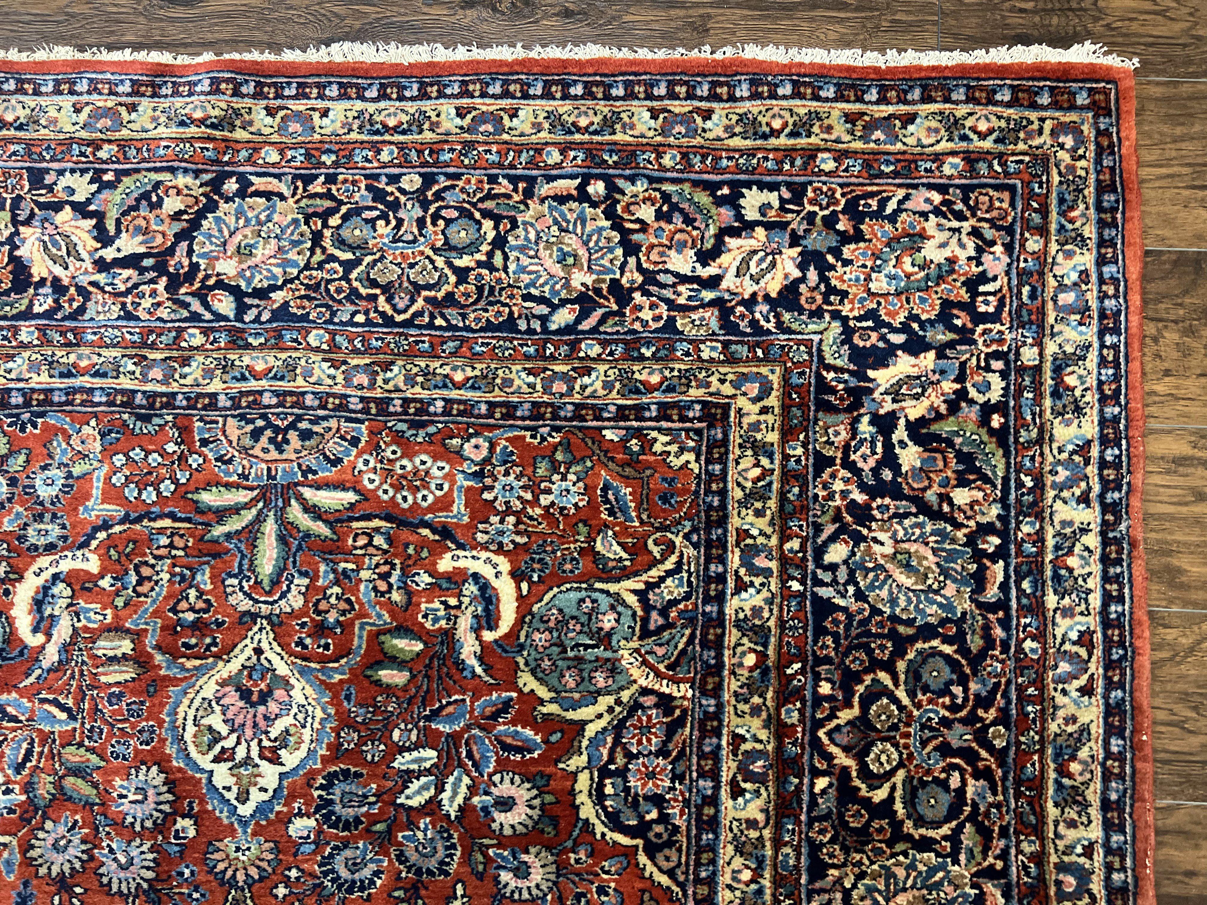 Persian Sarouk Rug 9x12, Red and Dark Blue Floral Allover Antique Persian Carpet, Handmade Wool Qazvin Rug - Jewel Rugs