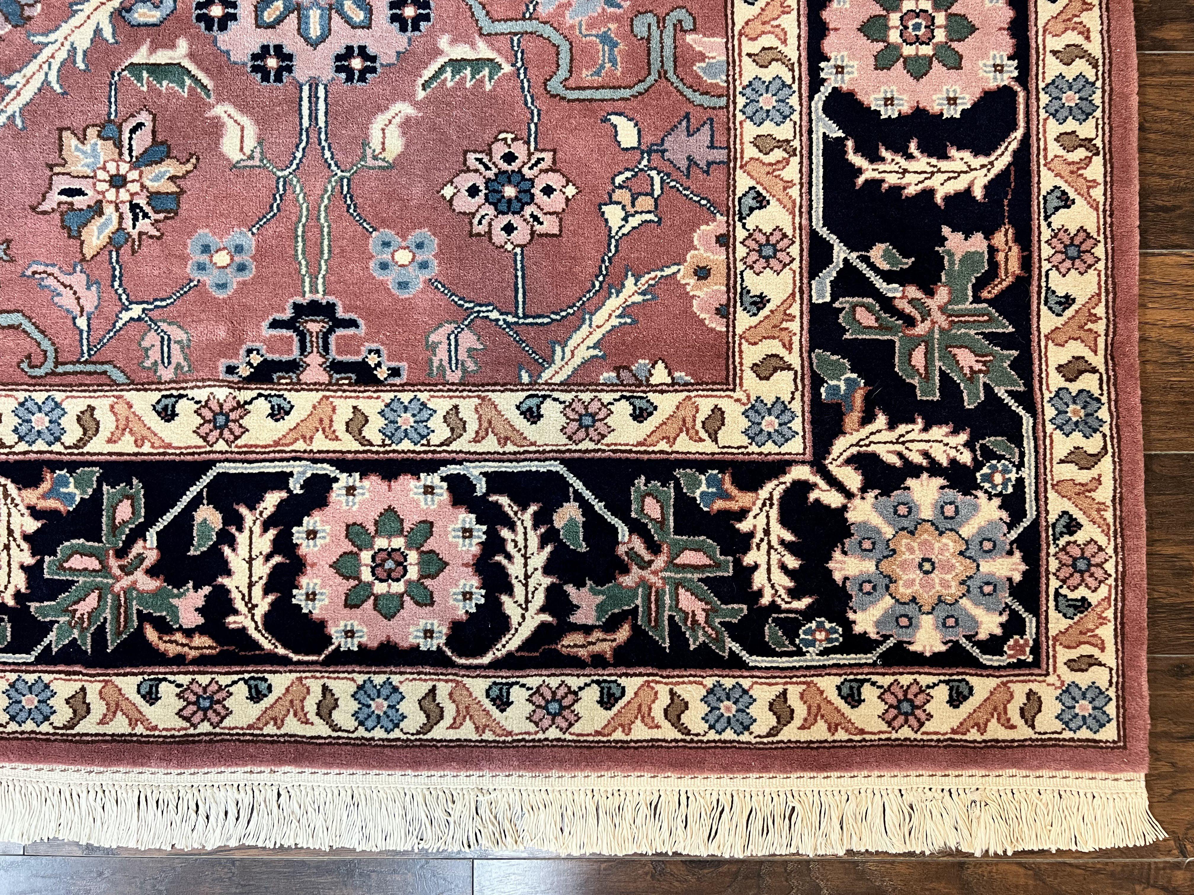 Indo Persian Square Rug 8x8 ft, Pink and Navy Blue, Allover Pattern, Handmade Vintage Wool Carpet - Jewel Rugs