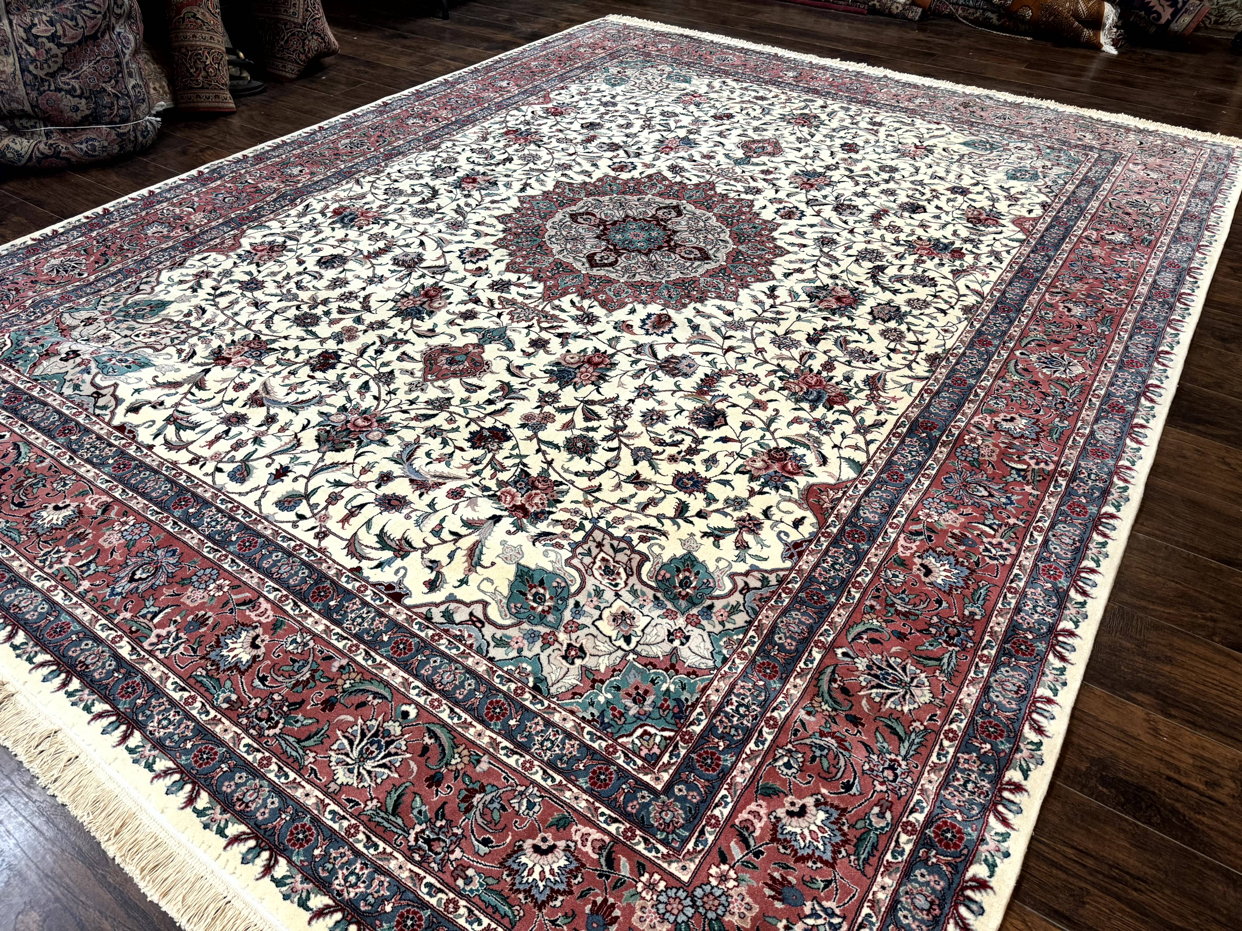 Sino Persian Rug 9x12, Fine 260 KPSI, Floral Medallion, Ivory and Rose-Red - Jewel Rugs