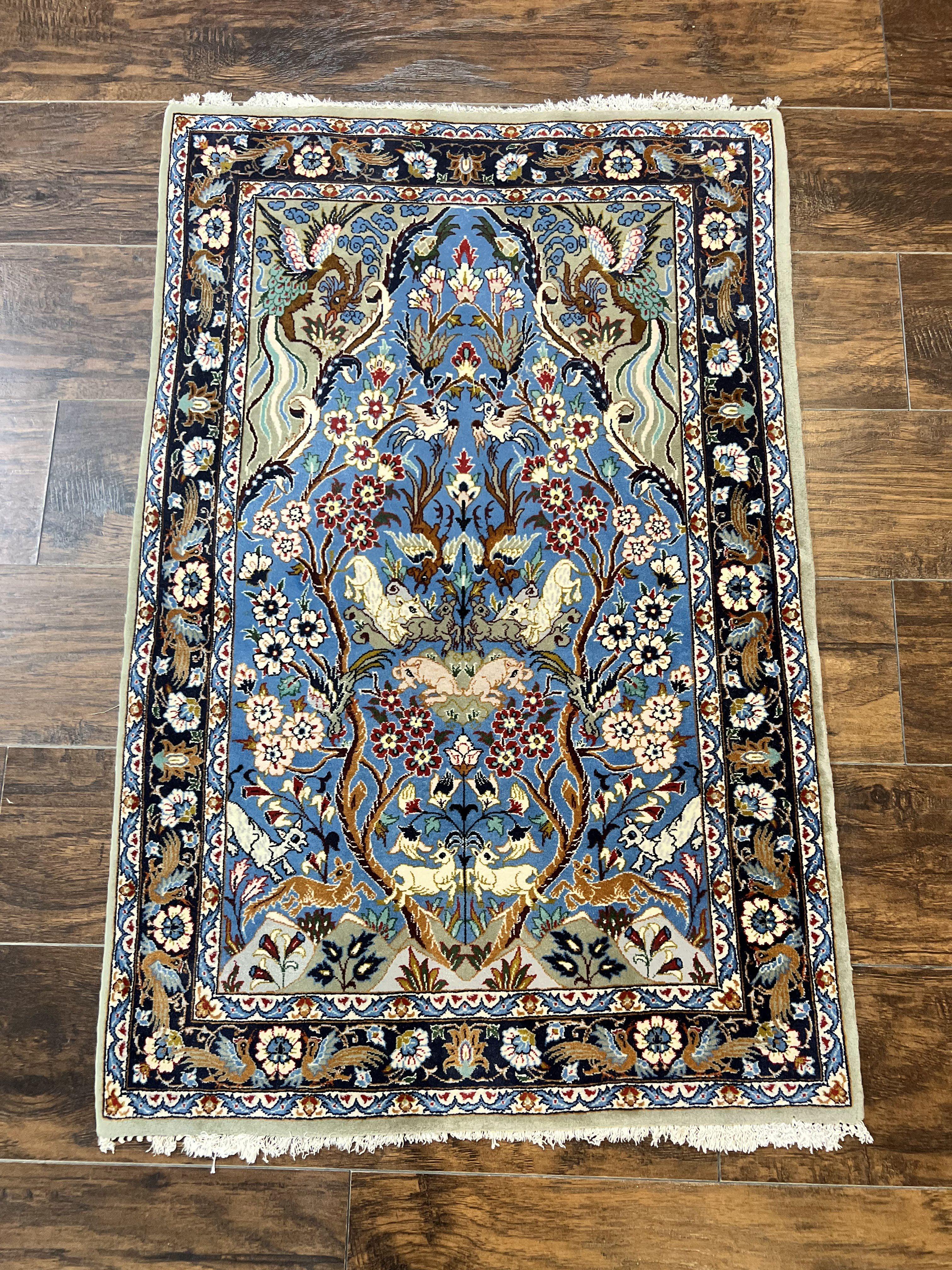 Persian Isfahan Tree of Life Rug 2.5 x 3.8, Animal & Bird Pictorials, Super Fine 500 KSPI, Blue, Handmade, Kork Wool Silk Highlights, Vintage - Jewel Rugs