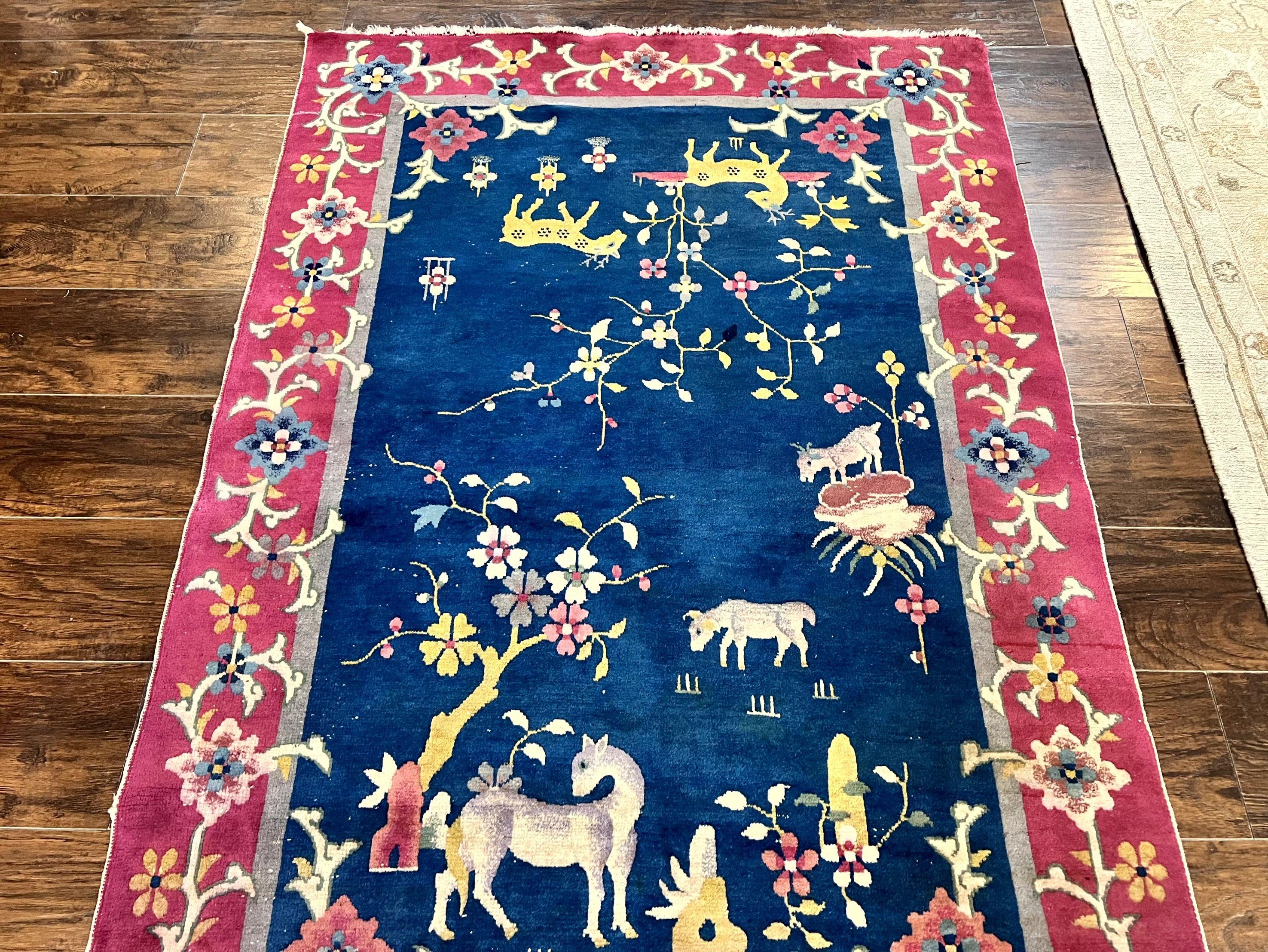 Antique Chinese Art Deco Rug, Animal Pictorials, Navy Blue and Magenta, Chinese Nichols Carpet, Wool - Jewel Rugs