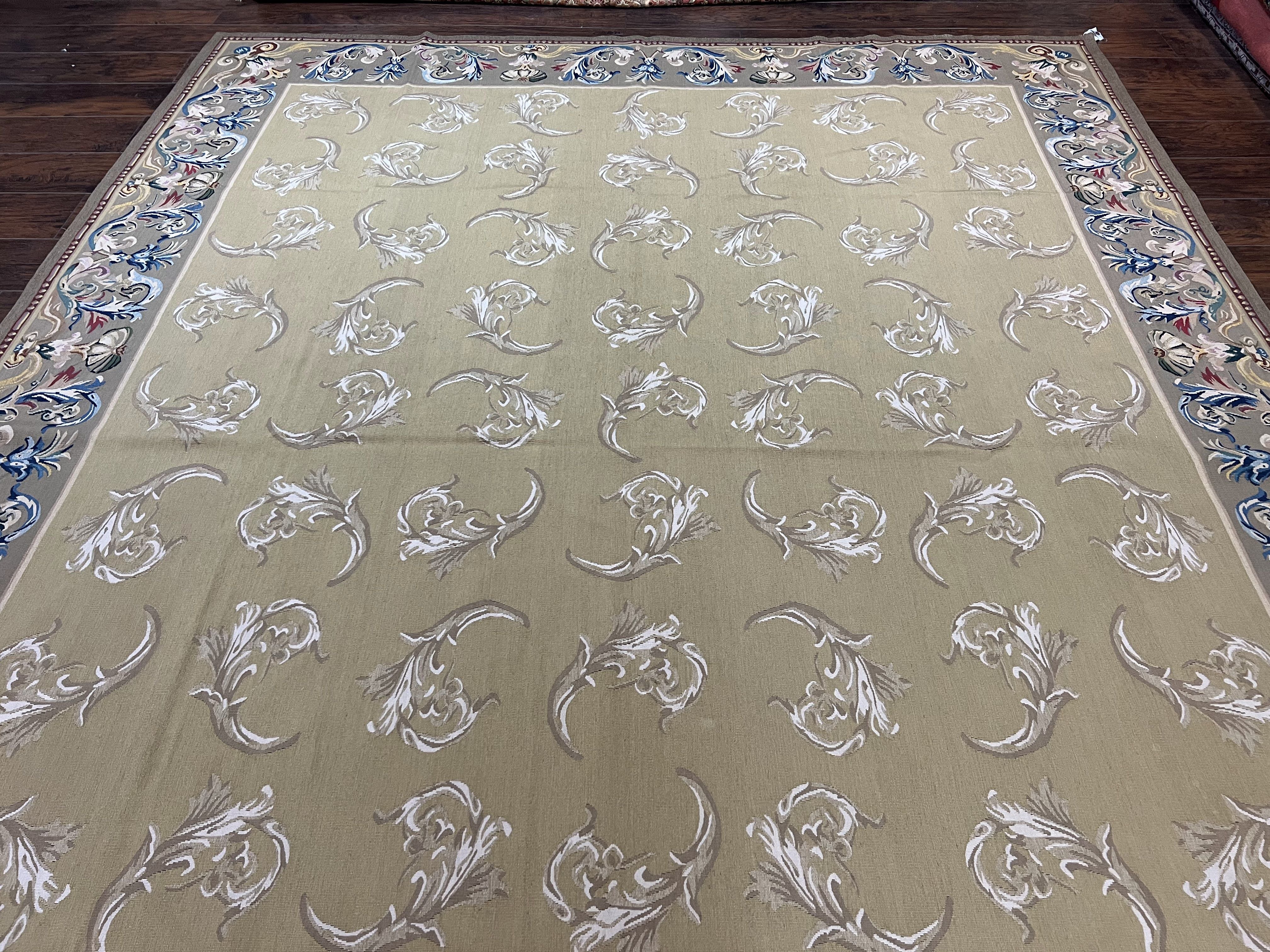 Vintage Aubusson Flatweave Area Rug 9x12, Aubusson Weave, Wool, Beige, Handmade, French European Design, 8'9" x 11'9" - Jewel Rugs