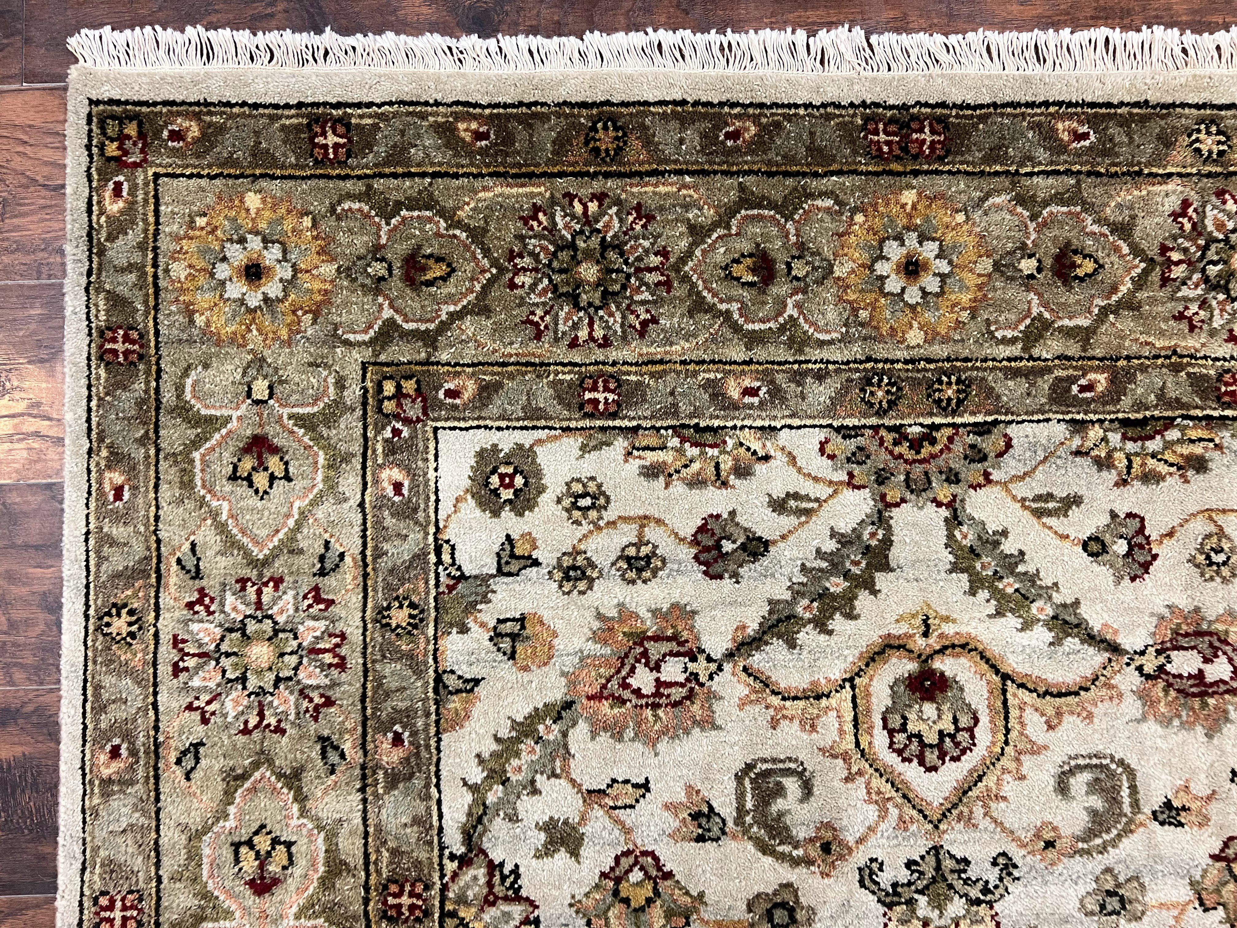 Indo Persian Rug 5.6 x 8, Wool Hand Knotted Vintage Carpet, Beige Indian Mahal Traditional Oriental Rug, Allover Floral, Tea Wash Rug - Jewel Rugs
