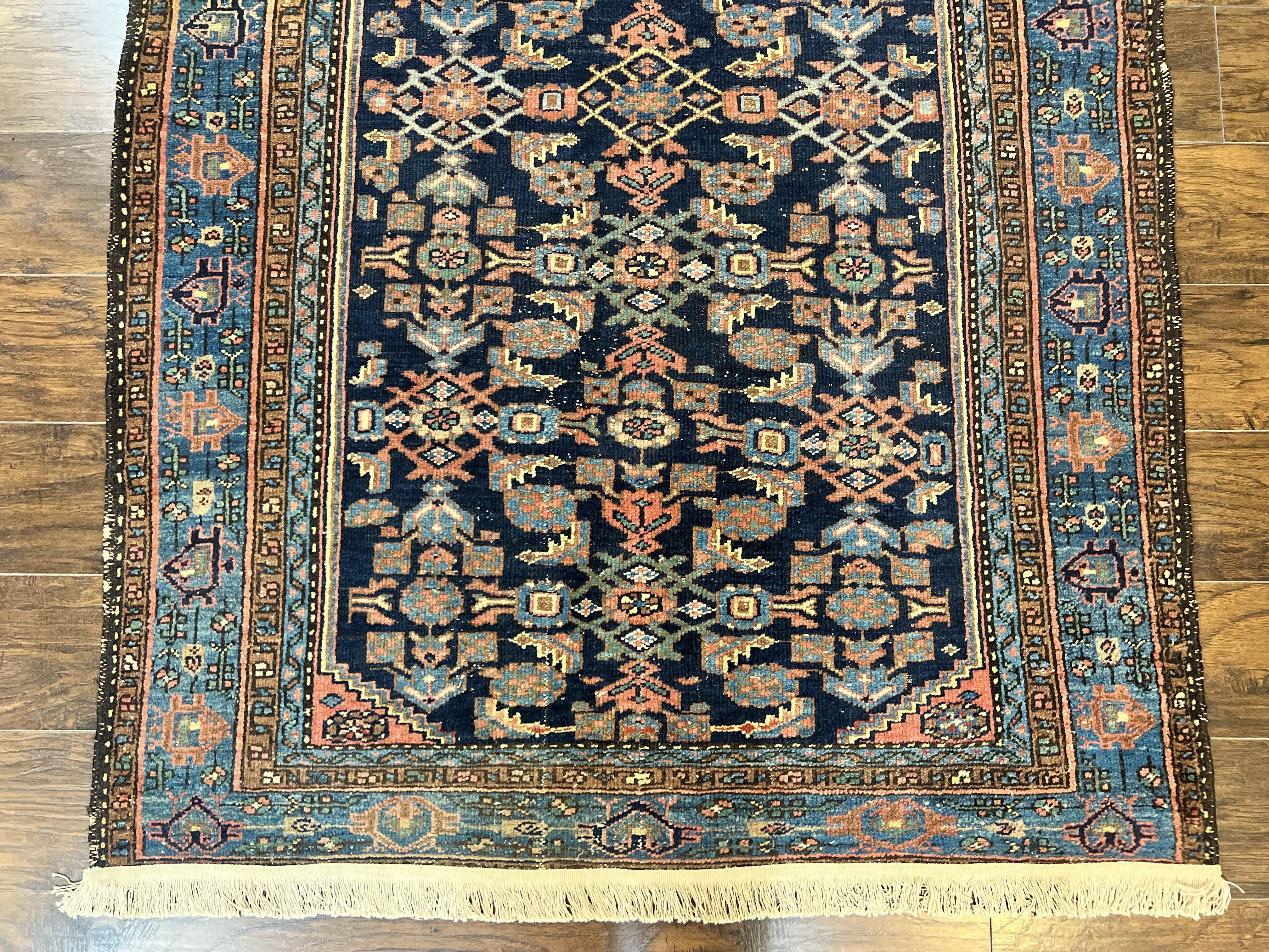 Antique Persian Tribal Rug 5x7, Navy Blue & Pink, Hand Knotted Handmade 1920s Wool Rug, Allover Pattern, Persian Hamadan Rug - Jewel Rugs