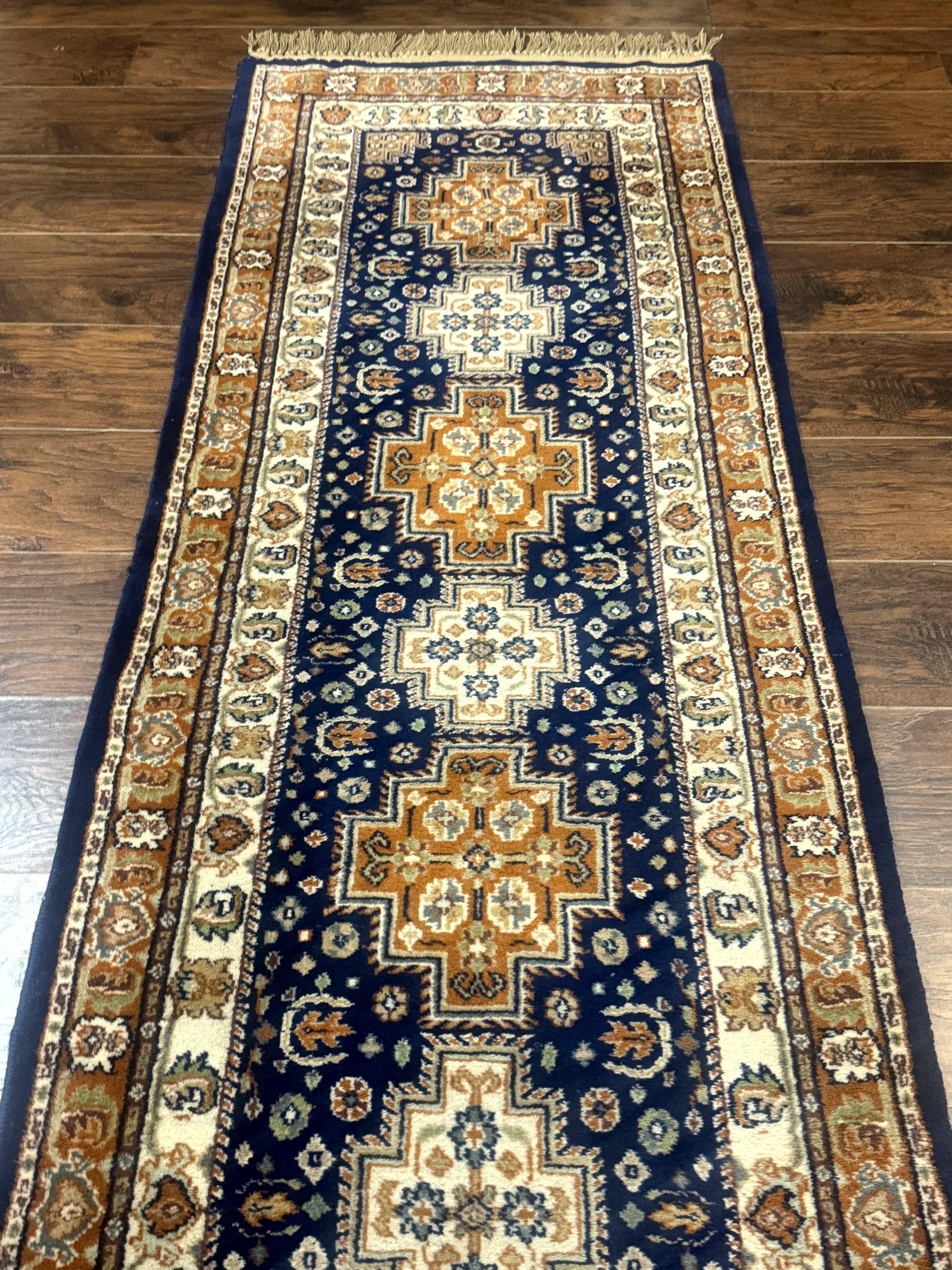 Indo Persian Runner Rug 2.6 x 12.7, Indian Kashmiri Runner for Hallway or Kitchen, Navy Blue, Geometric Medallions, Handmade Wool - Jewel Rugs