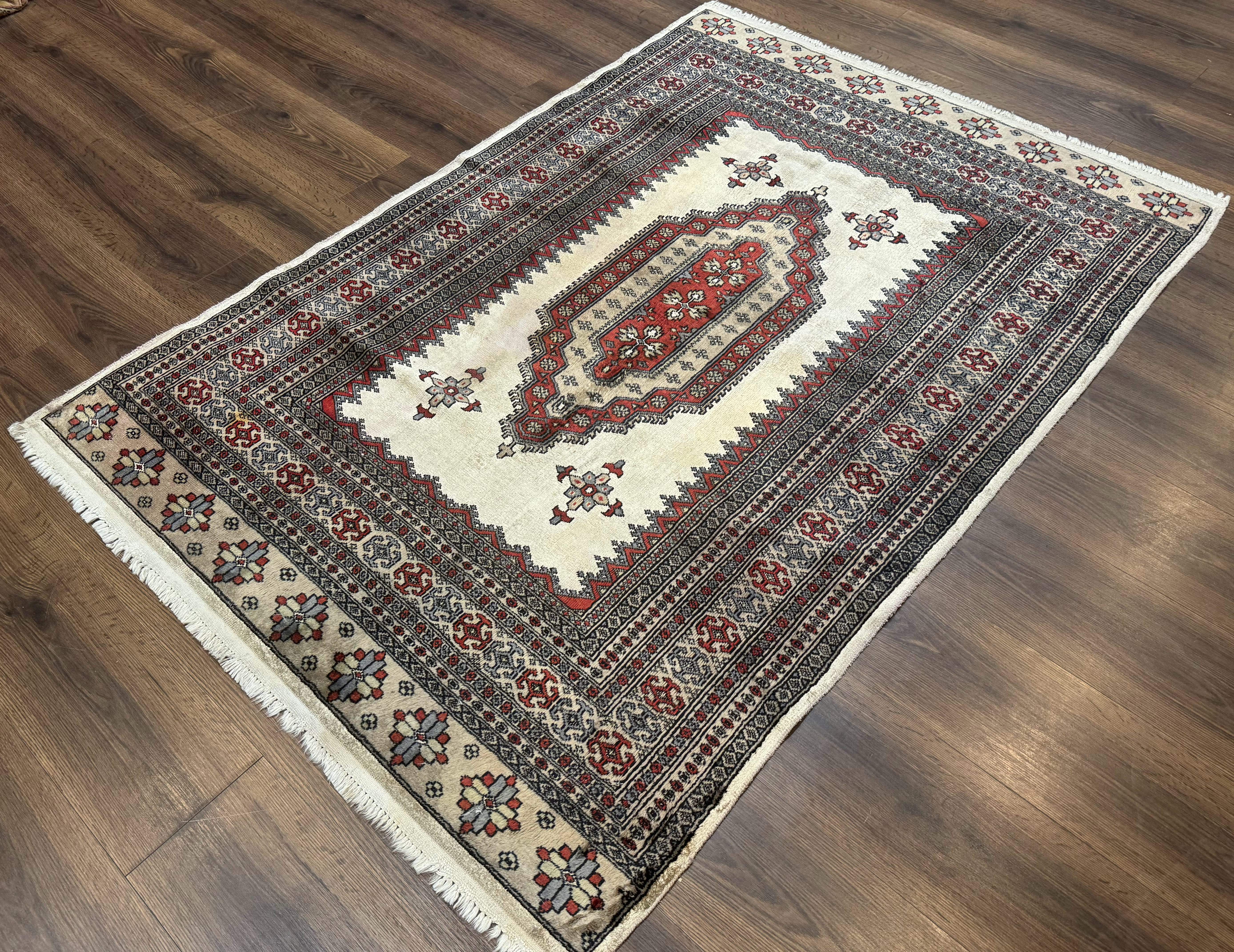 Pakistani Turkoman Rug 4x6, Semi Open Field, Ivory, Vintage - Jewel Rugs