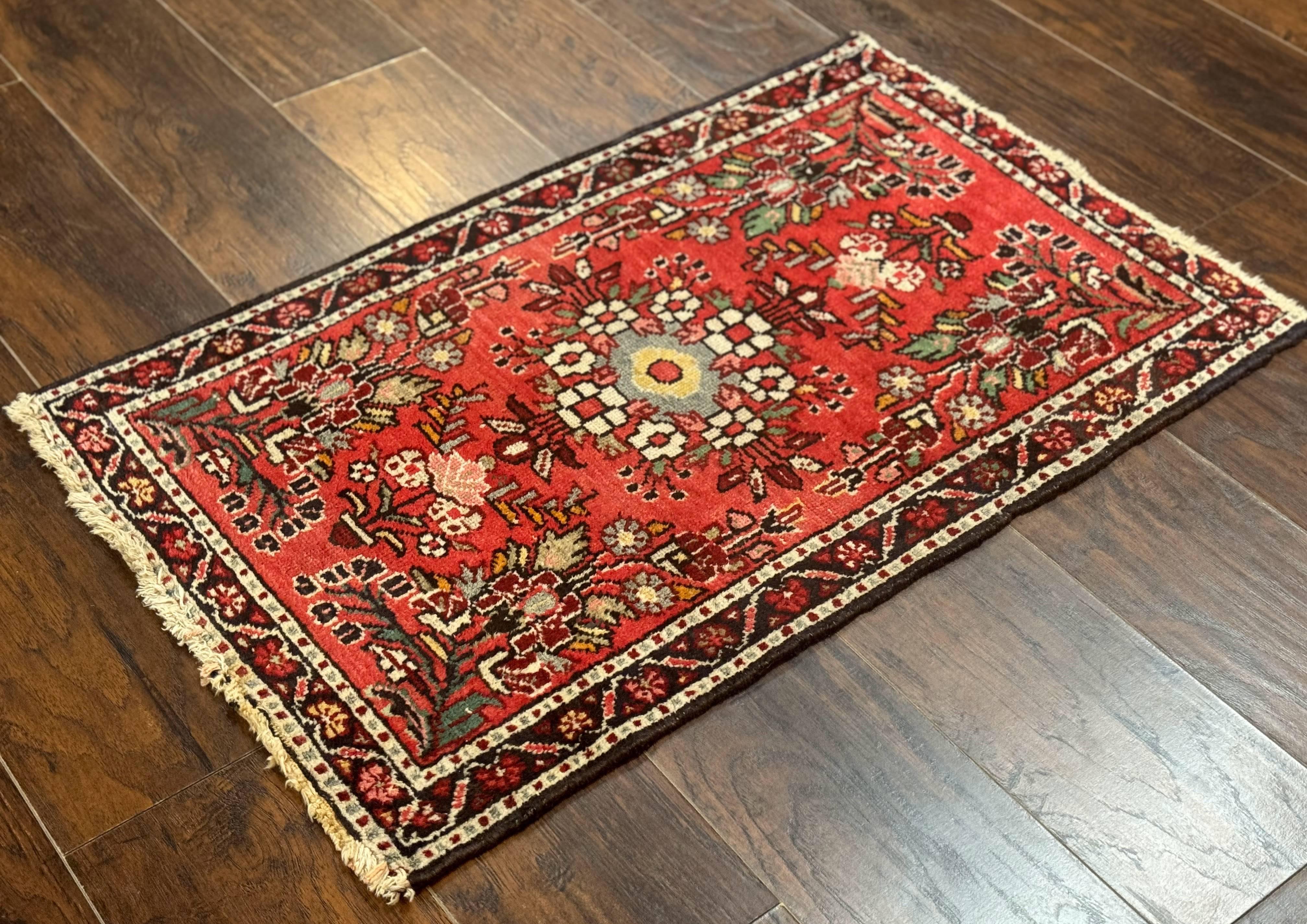 Antique Persian Rug 2x3, Small Red Floral Wool Persian Carpet, Hamadan Rug - Jewel Rugs