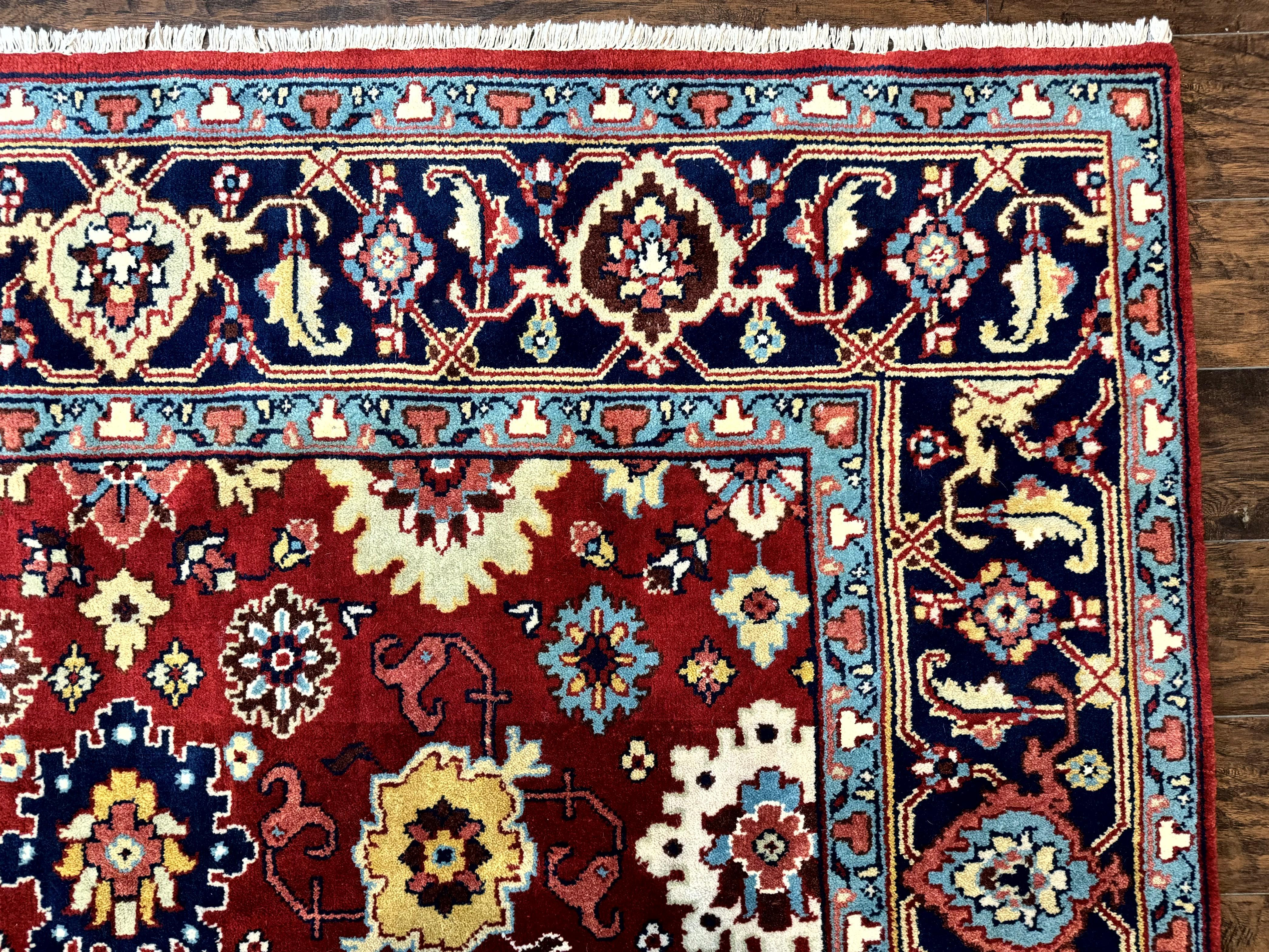 Indo Heriz Rug 8x10, Red and Navy Blue, Allover Pattern, Wool Handmade Carpet - Jewel Rugs